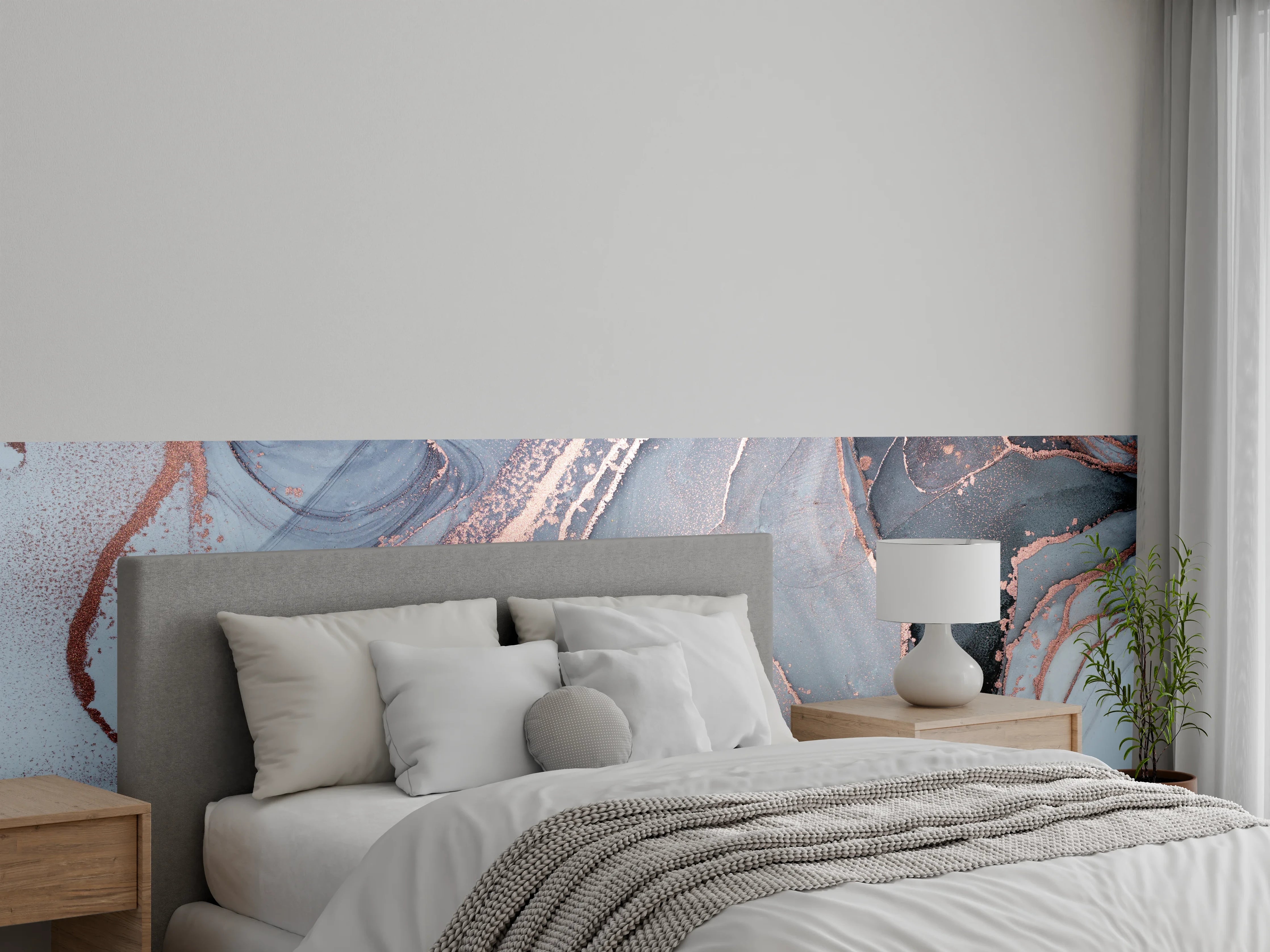Wandverkleidung Schlafzimmer - Abstrakte Marmoroptik in Weiß-Grau-Rosegold