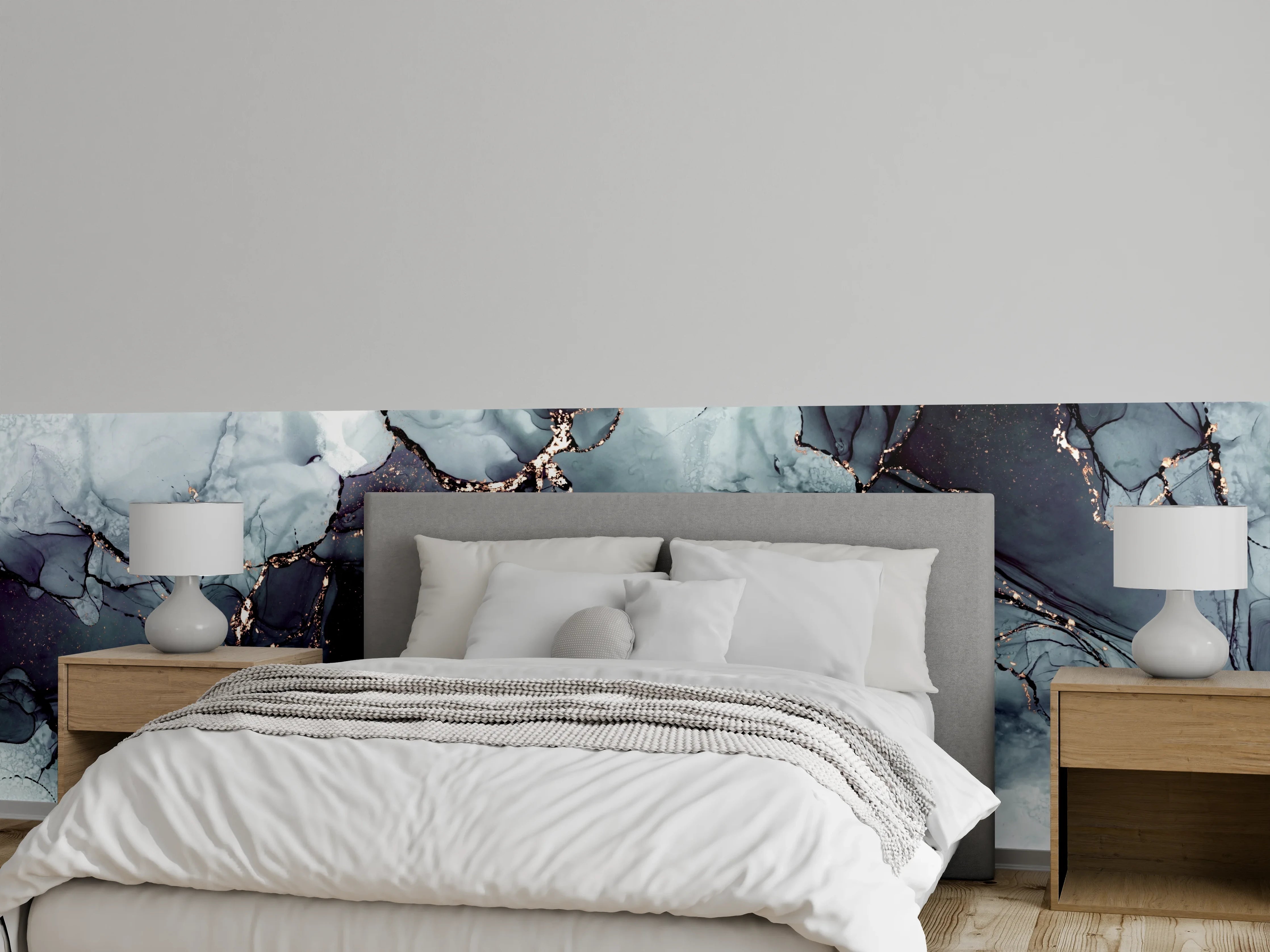 Wandverkleidung Schlafzimmer - Abstrakte Marmoroptik mit schwarzen Adern