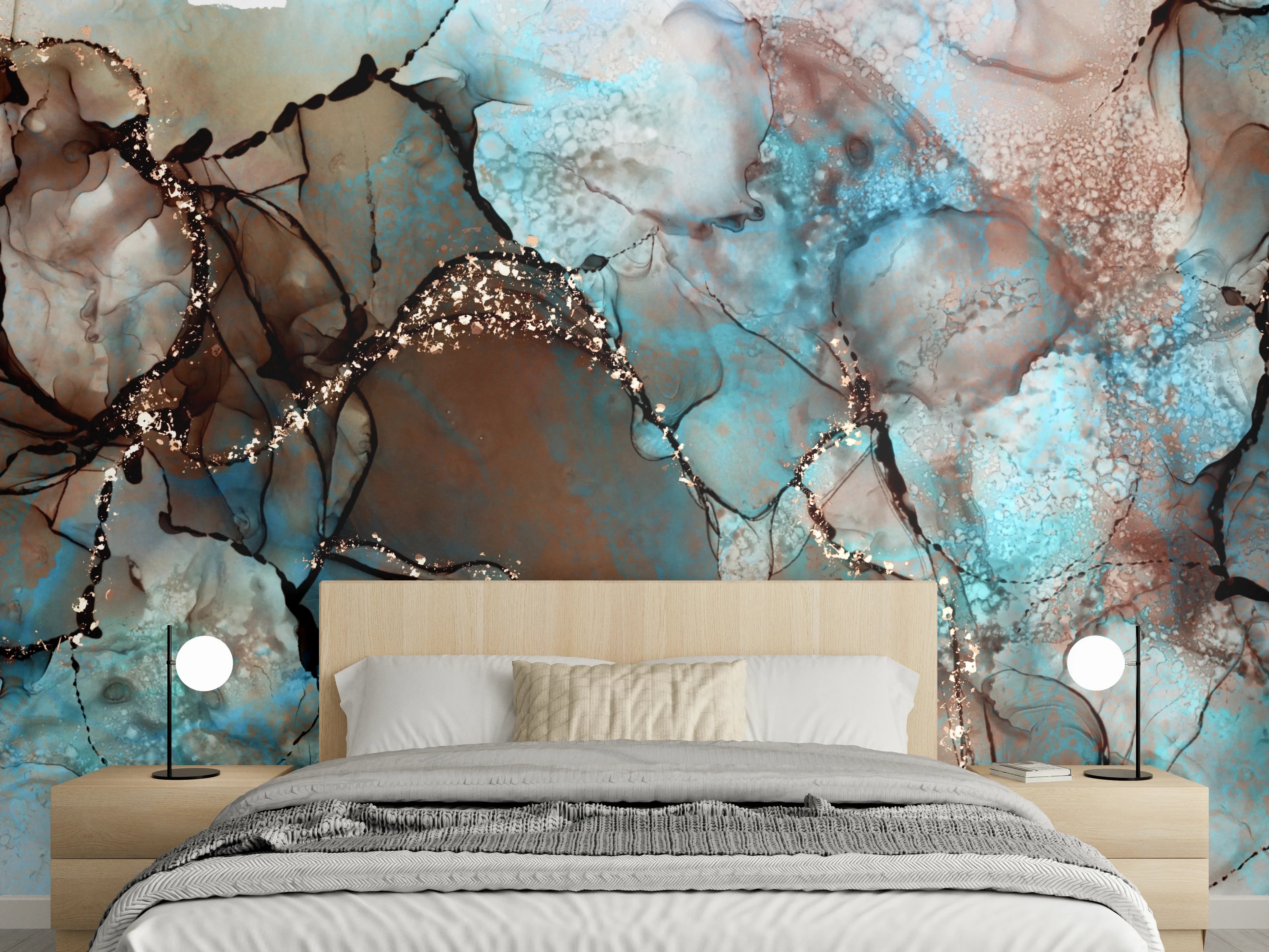 Wandverkleidung Schlafzimmer - Abstrakte Marmoroptik: Blau, Braun & Gold
