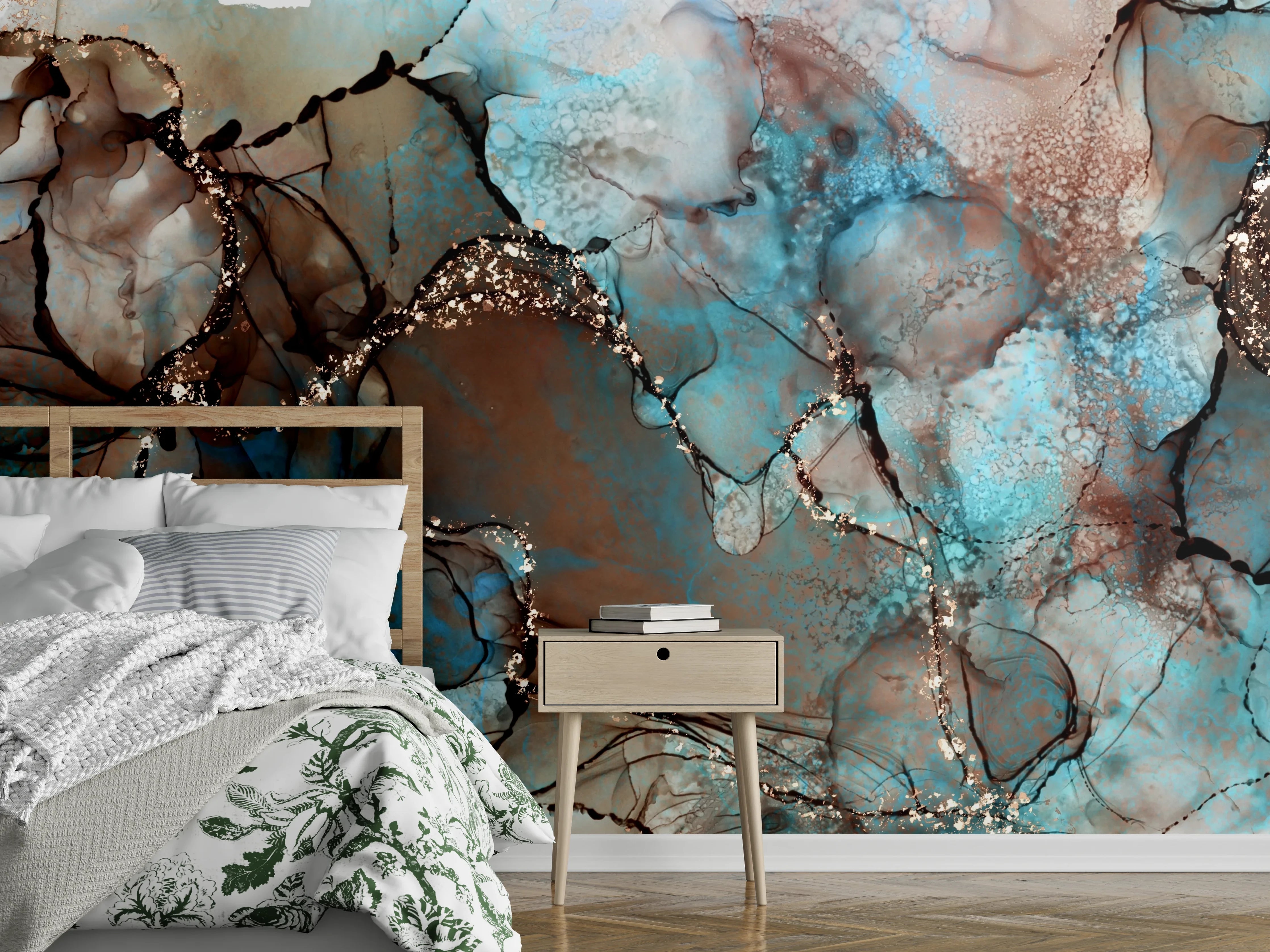 Wandverkleidung Schlafzimmer - Abstrakte Marmoroptik: Blau, Braun & Gold