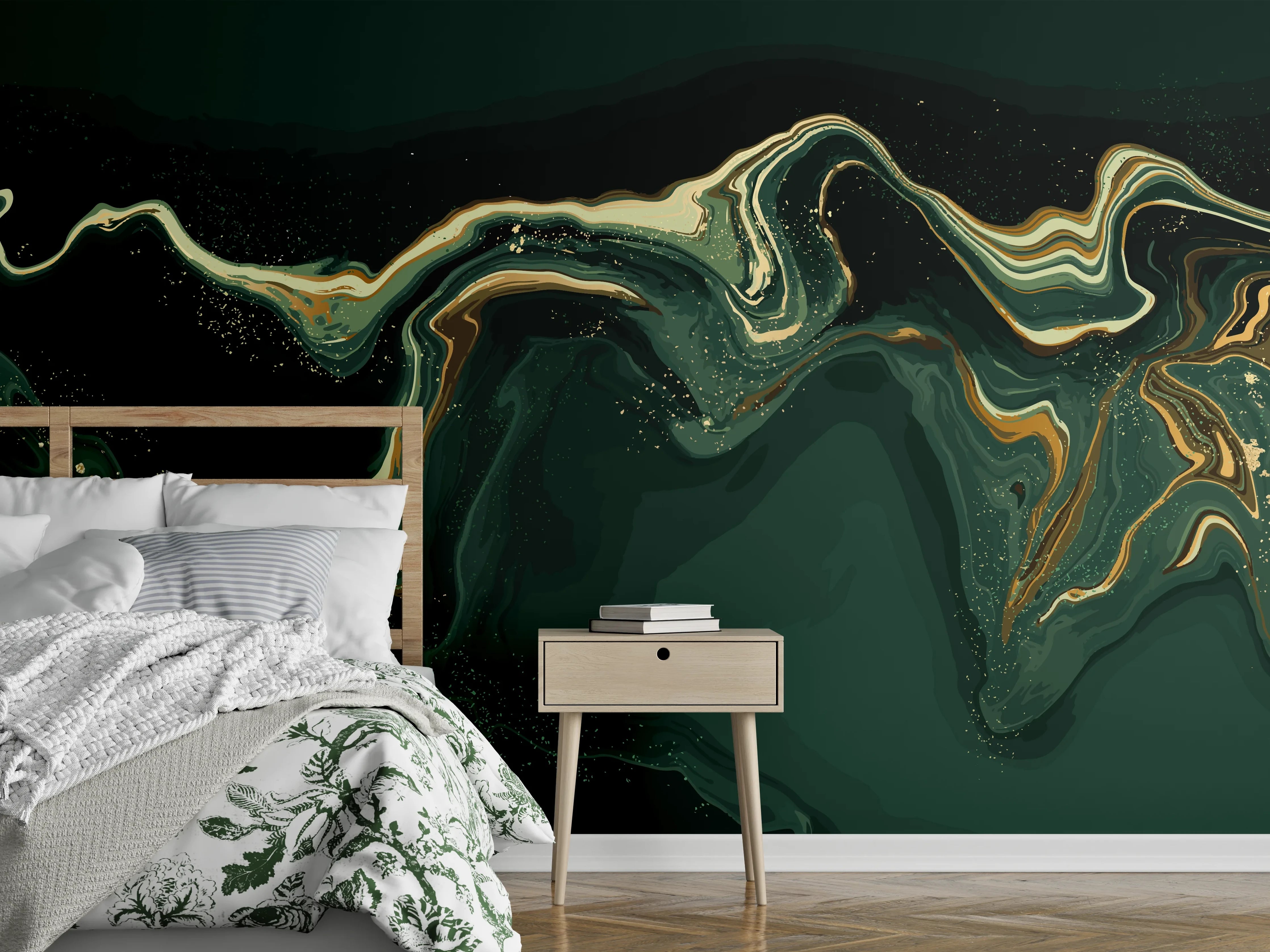 Wandverkleidung Schlafzimmer - Abstrakte Marmortextur in Goldgrün