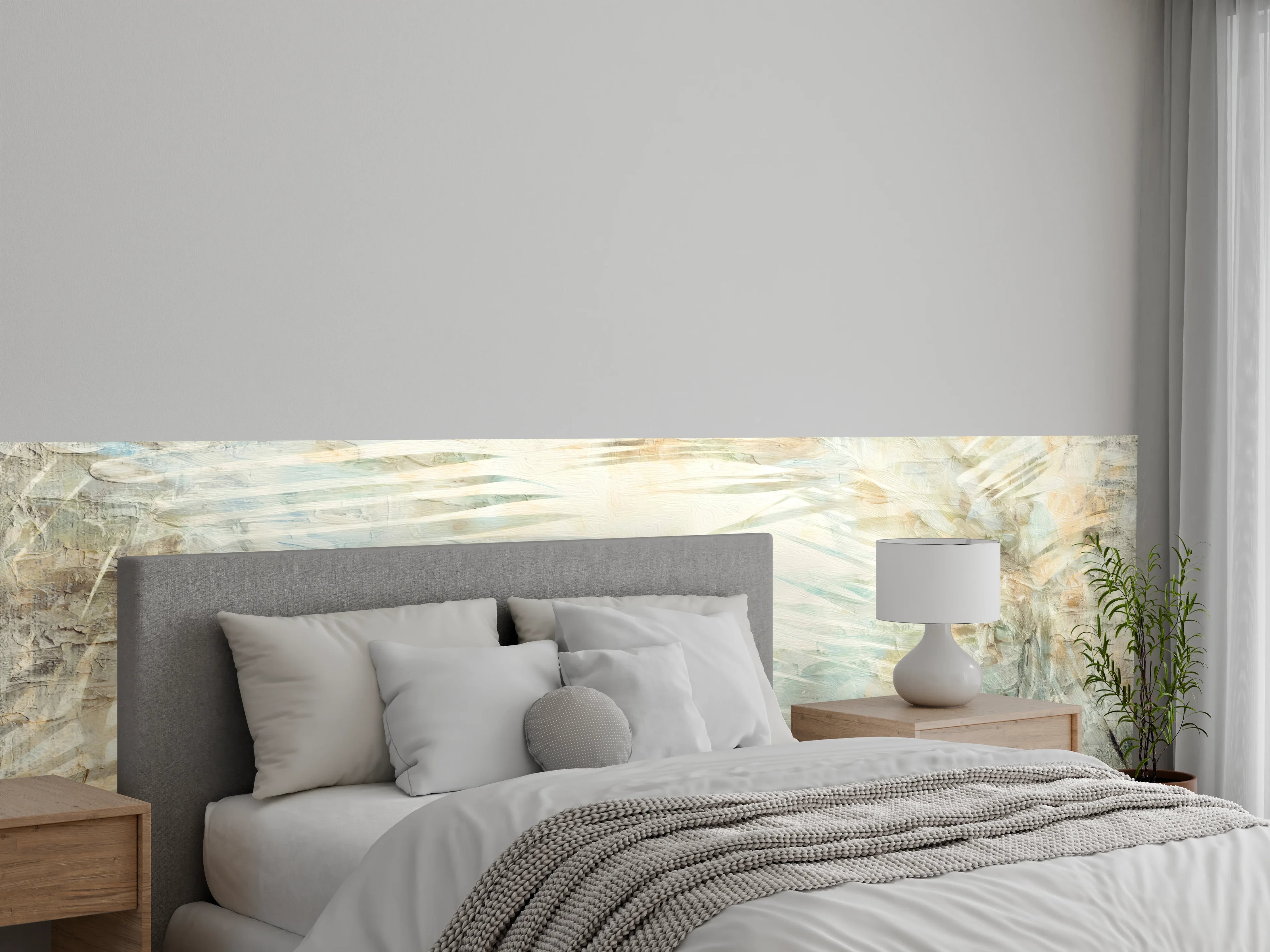 Wandverkleidung Schlafzimmer - Abstrakte Palmen Blätter beige weiß