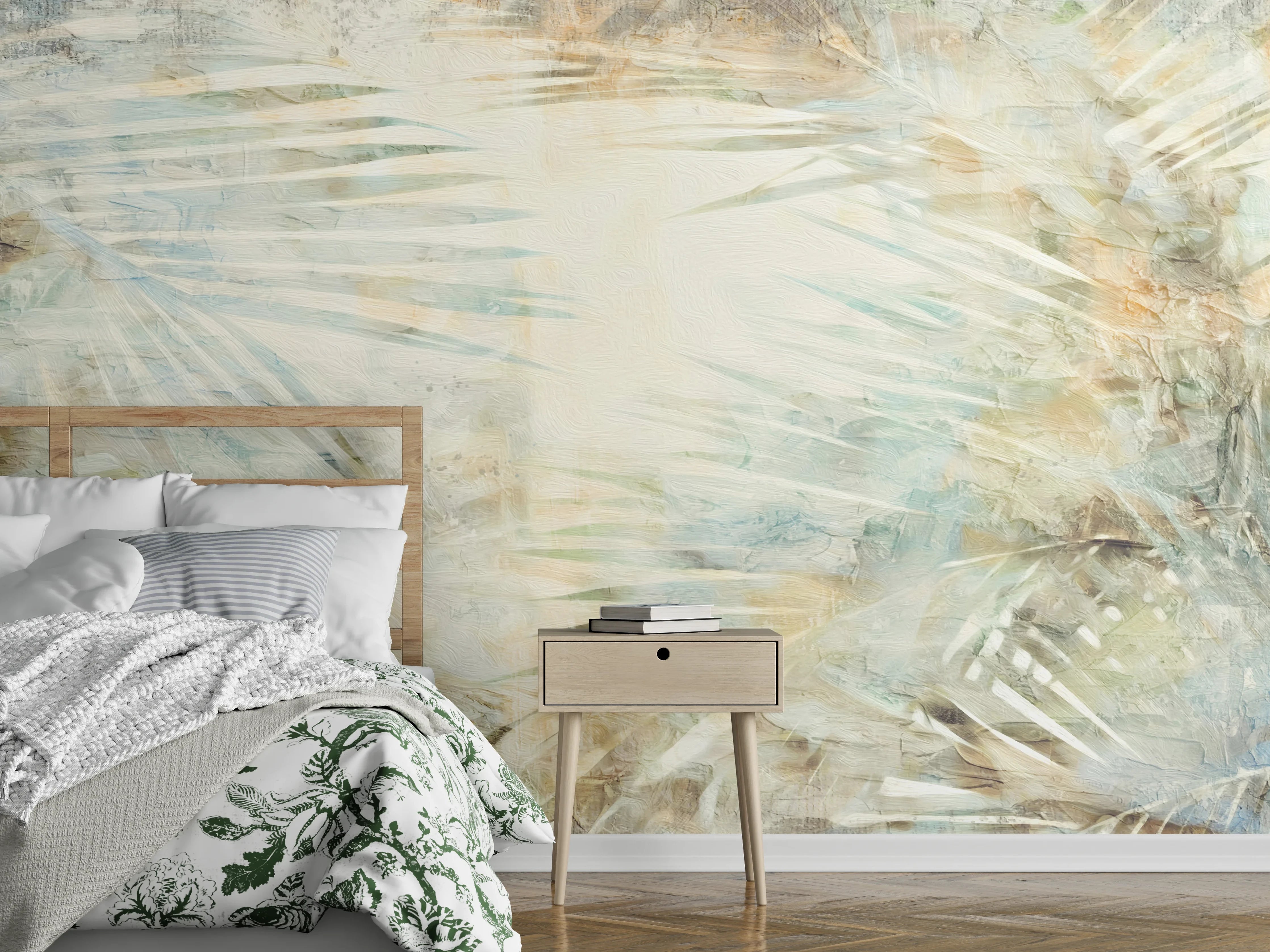 Wandverkleidung Schlafzimmer - Abstrakte Palmen Blätter beige weiß