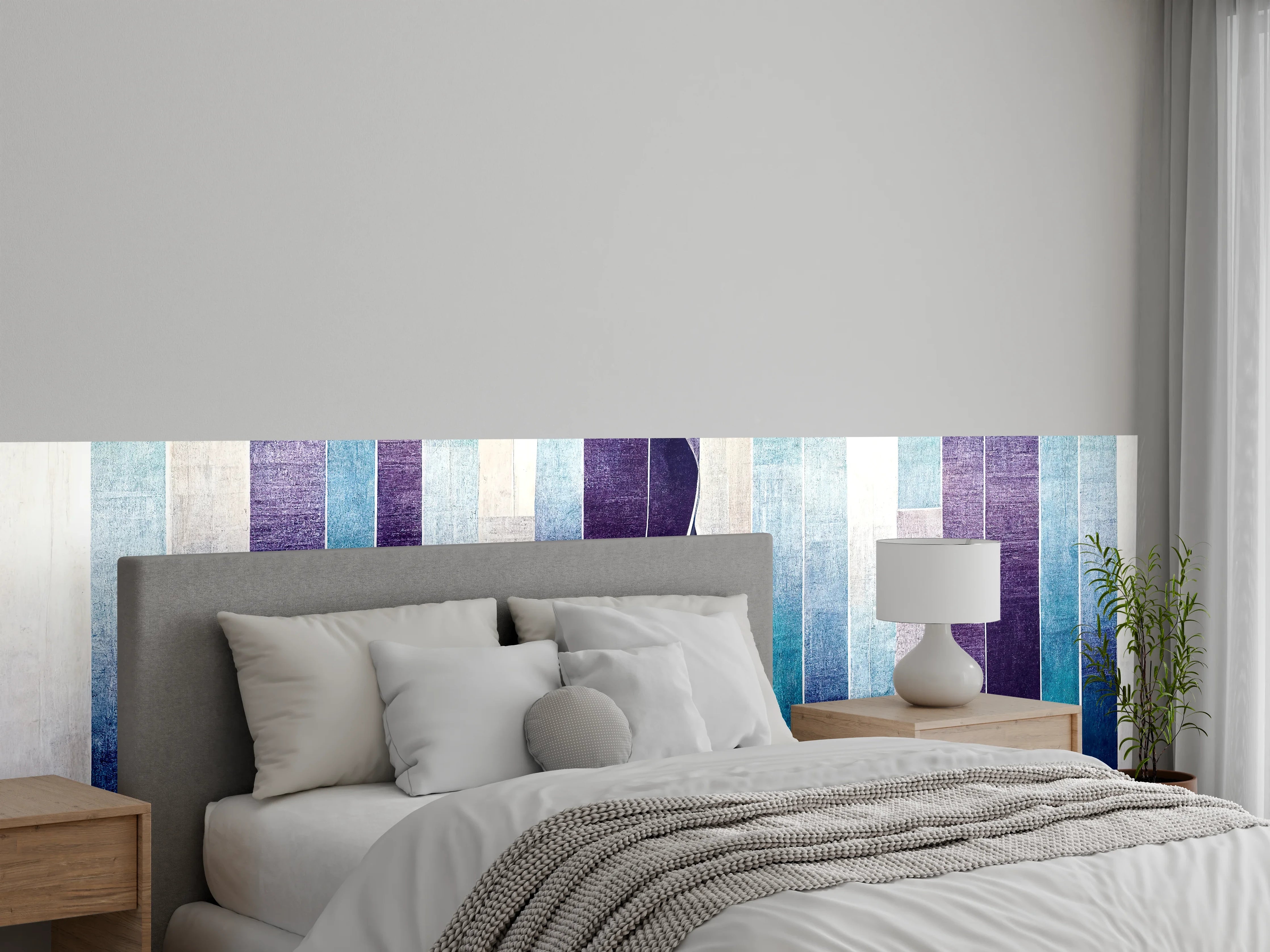 Wandverkleidung Schlafzimmer - Abstrakte Streifen in Blau und Violett