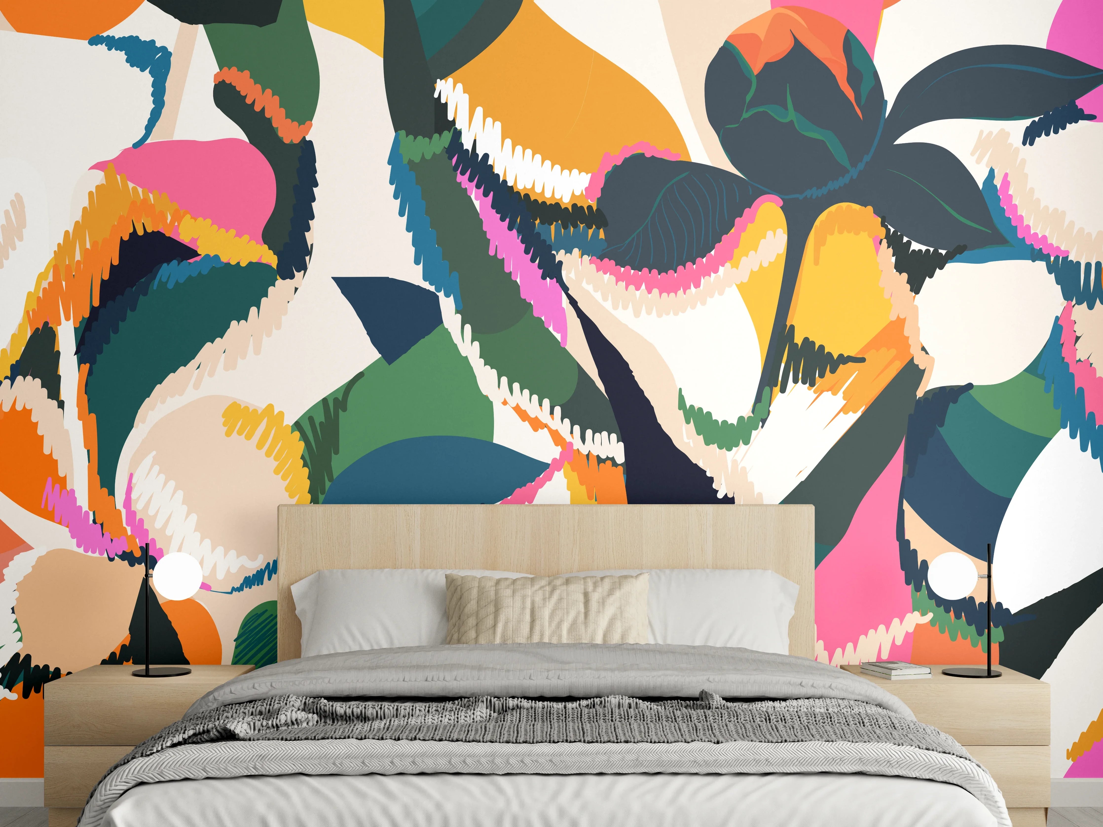 Wandverkleidung Schlafzimmer - Abstrakte Tropische Blumen Pink-Orange