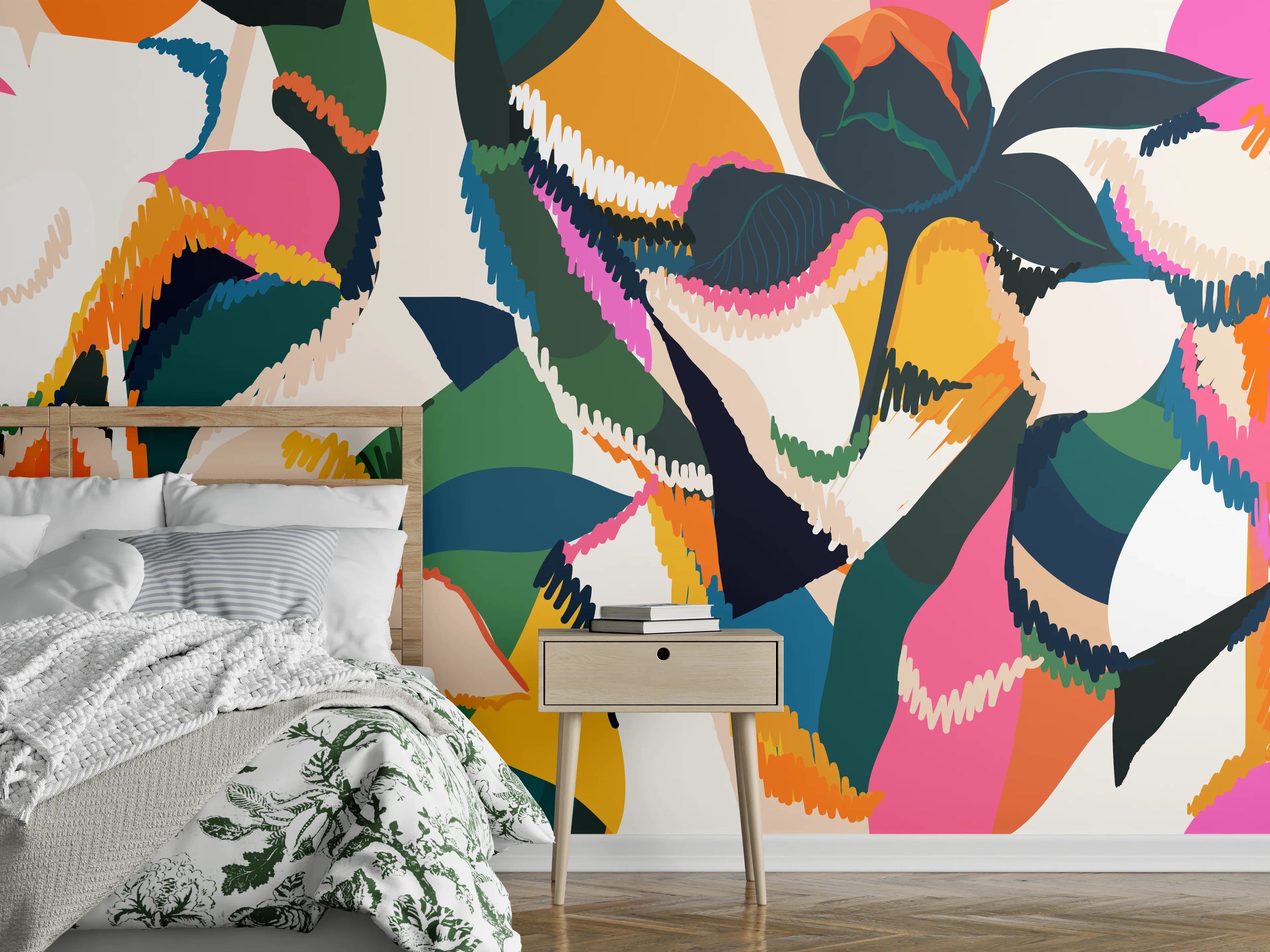 Wandverkleidung Schlafzimmer - Abstrakte Tropische Blumen Pink-Orange