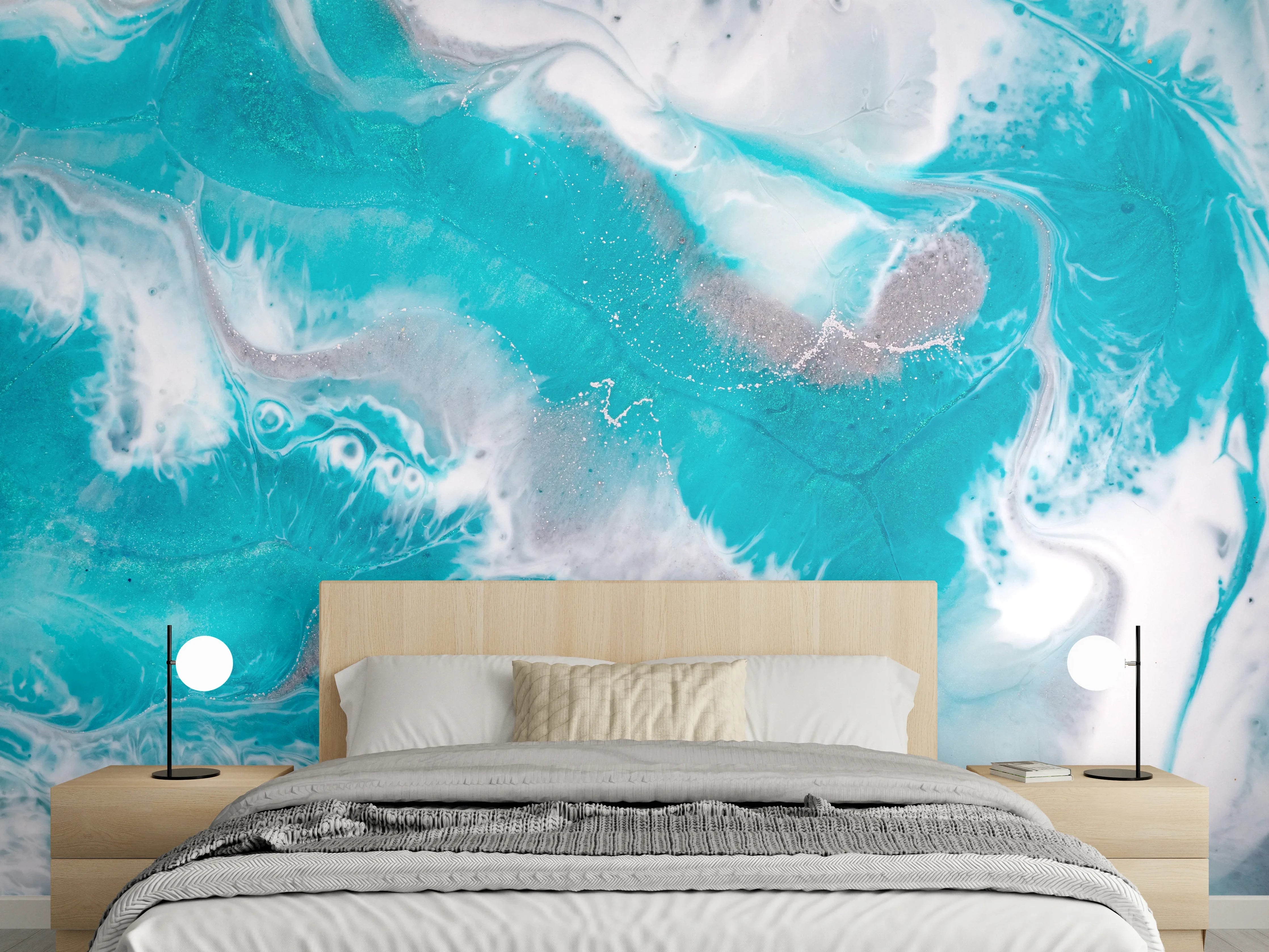Wandverkleidung Schlafzimmer - Abstrakte Türkis-Marmor-Optik mit Weiß