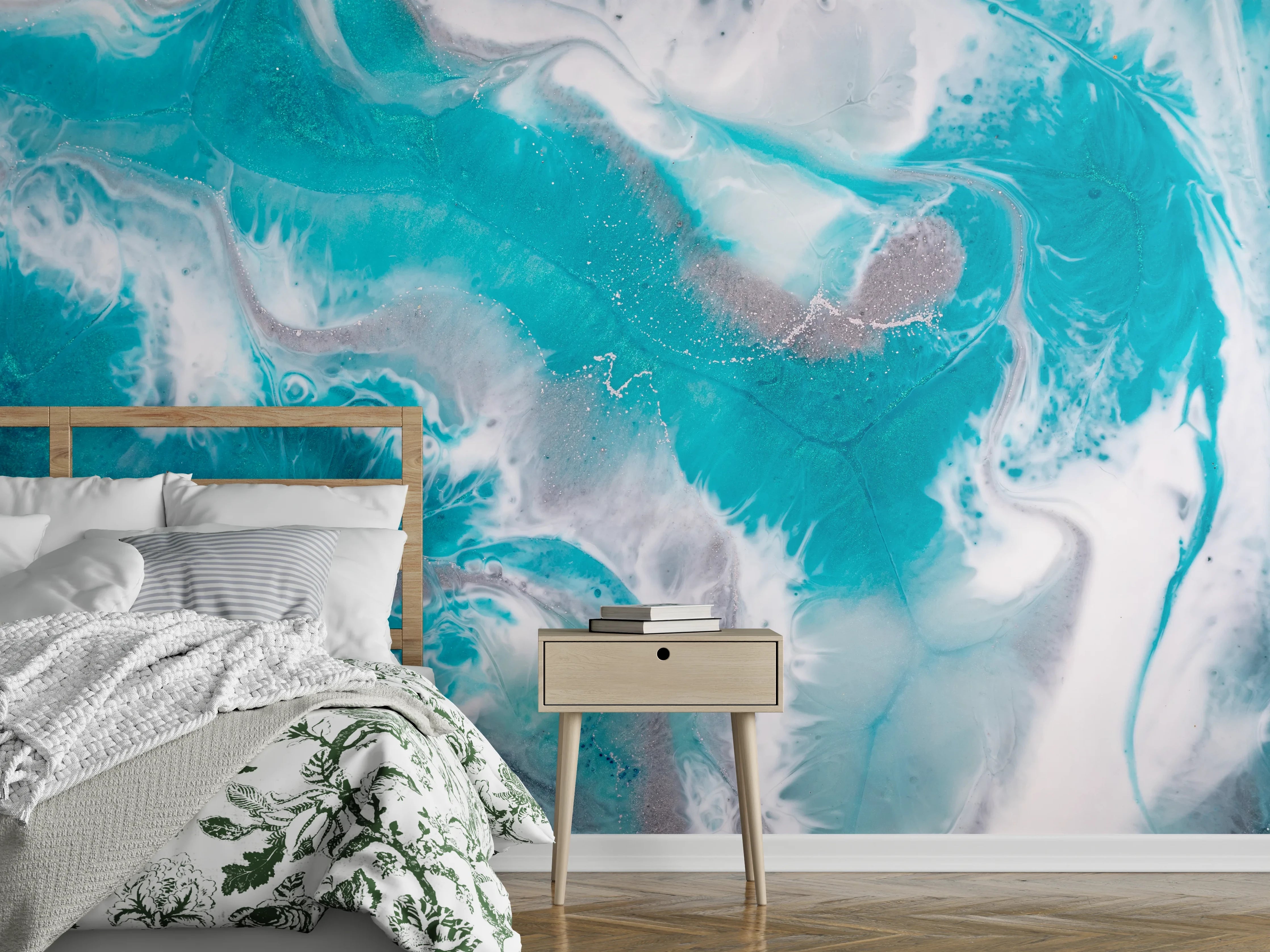 Wandverkleidung Schlafzimmer - Abstrakte Türkis-Marmor-Optik mit Weiß