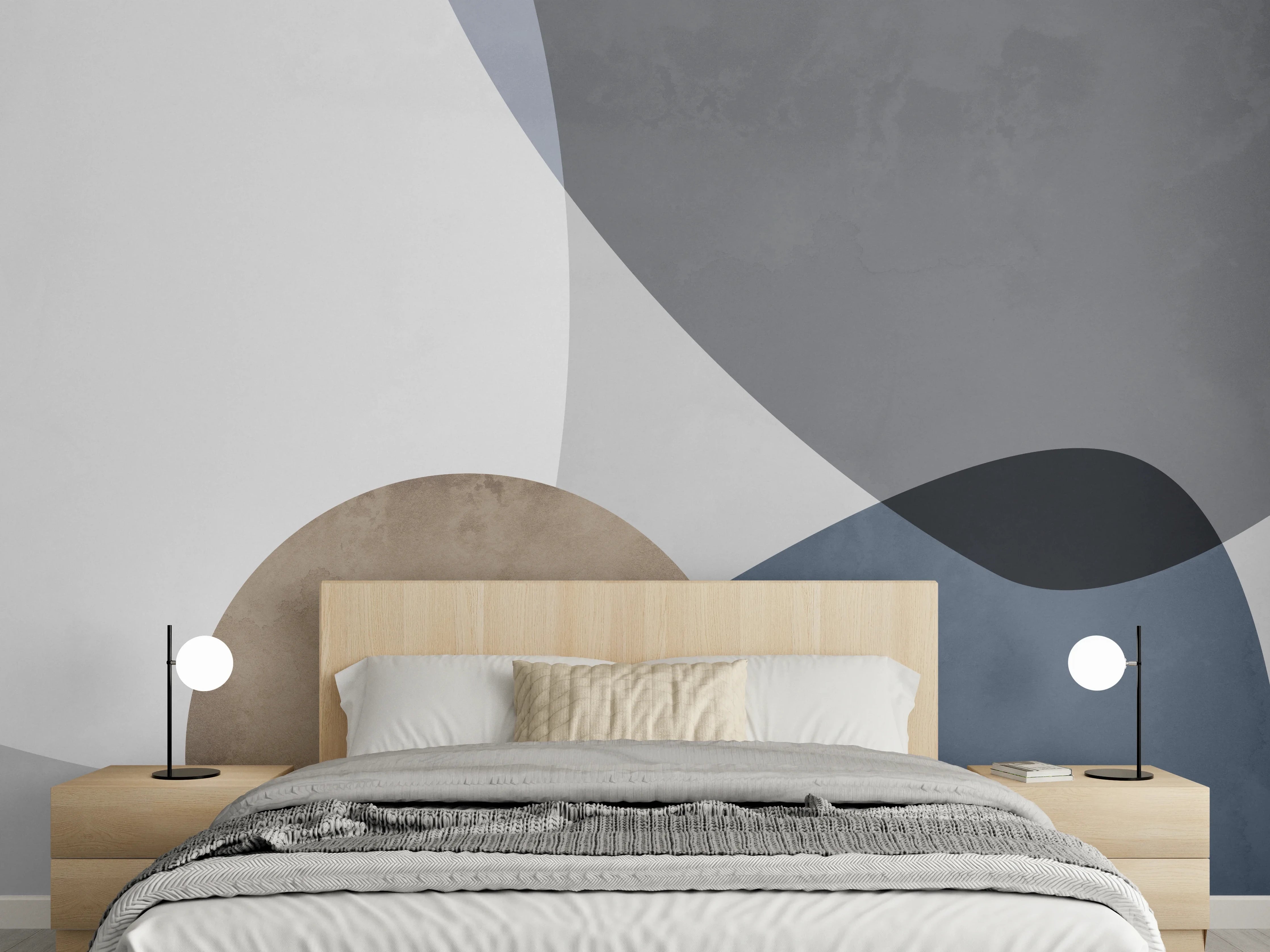Wandverkleidung Schlafzimmer - Abstrakte Wandgestaltung in Blau und Grau