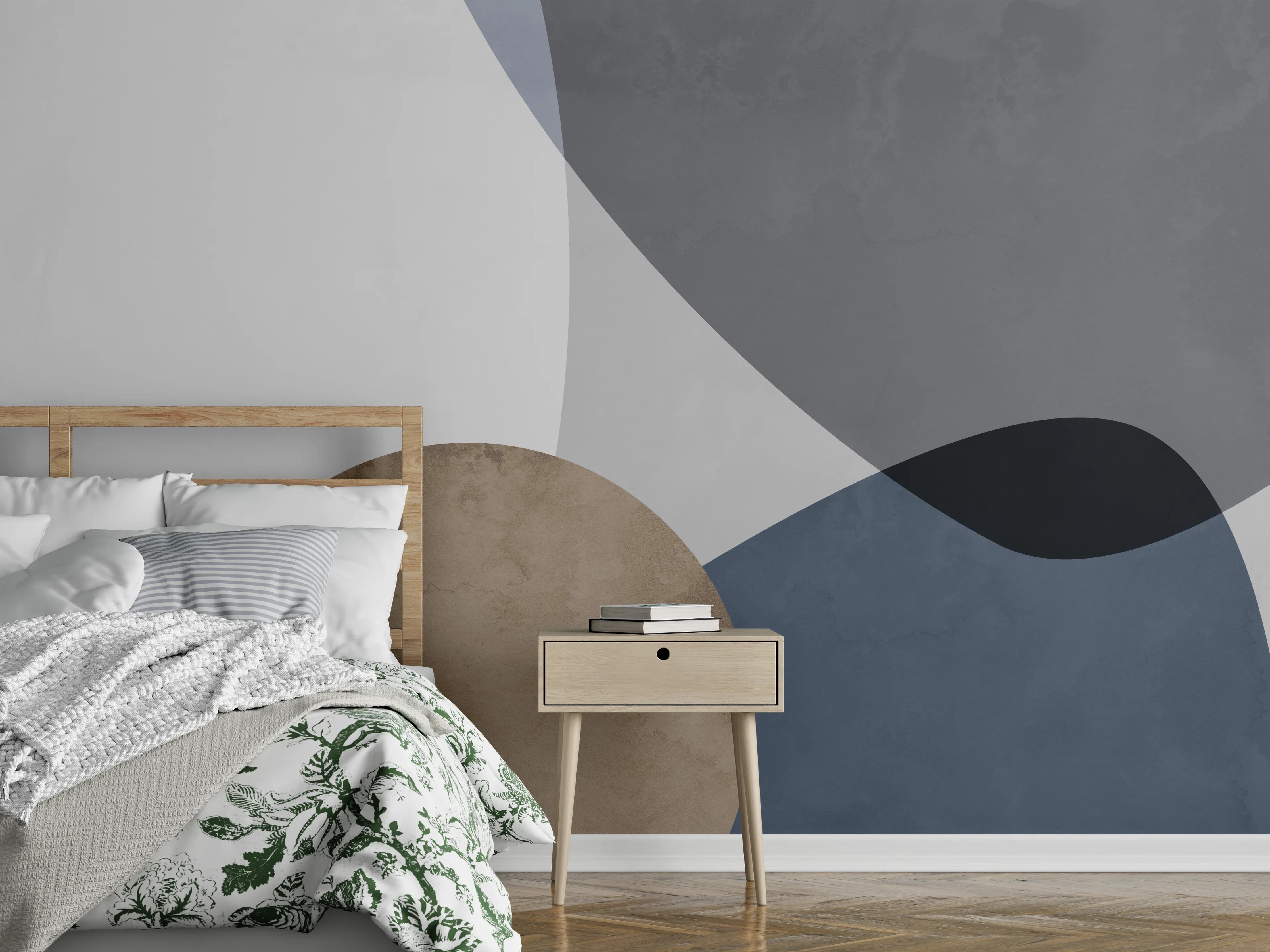 Wandverkleidung Schlafzimmer - Abstrakte Wandgestaltung in Blau und Grau