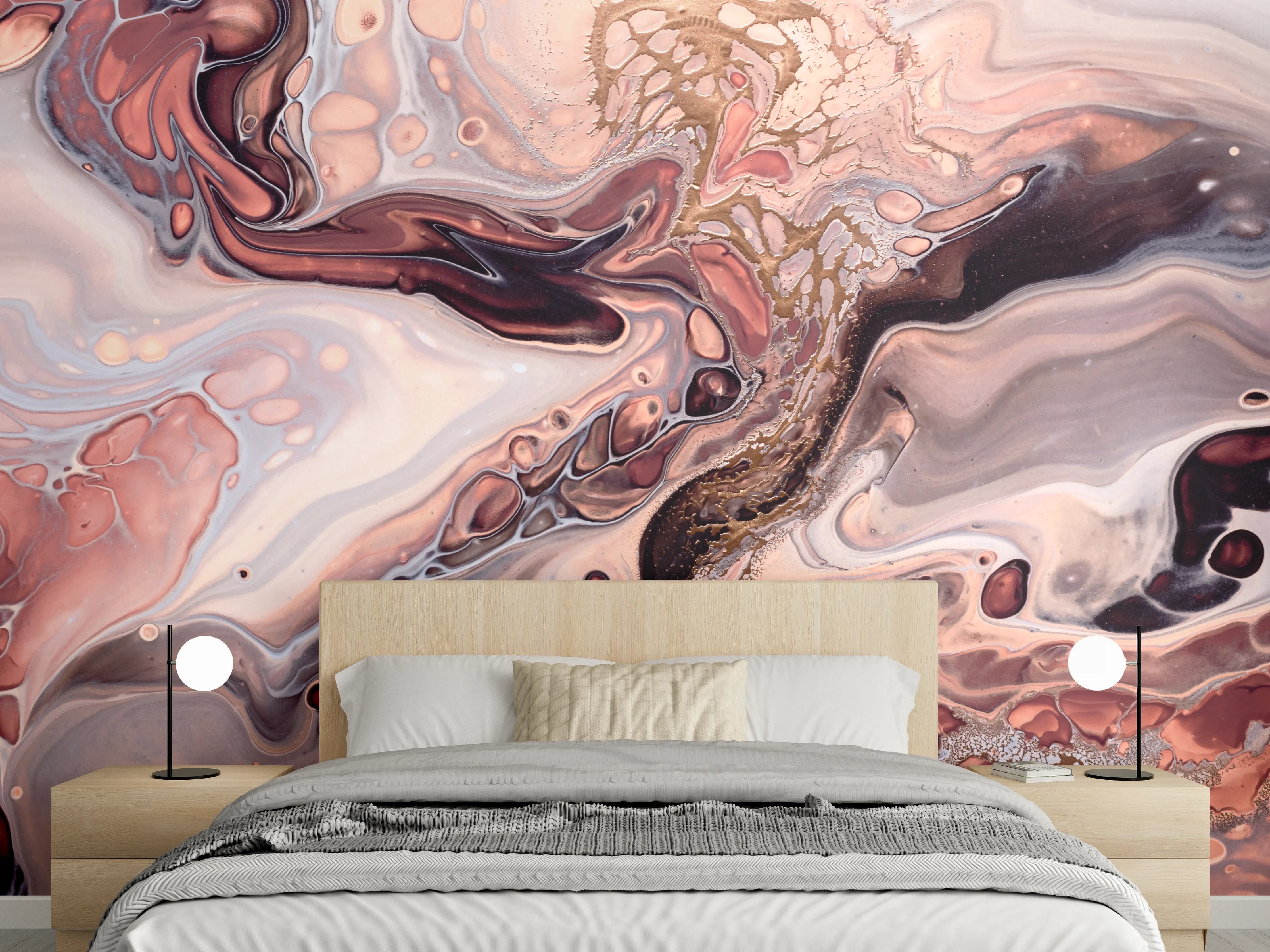 Wandverkleidung Schlafzimmer - Abstrakte Wandgestaltung in Nude und Bronze