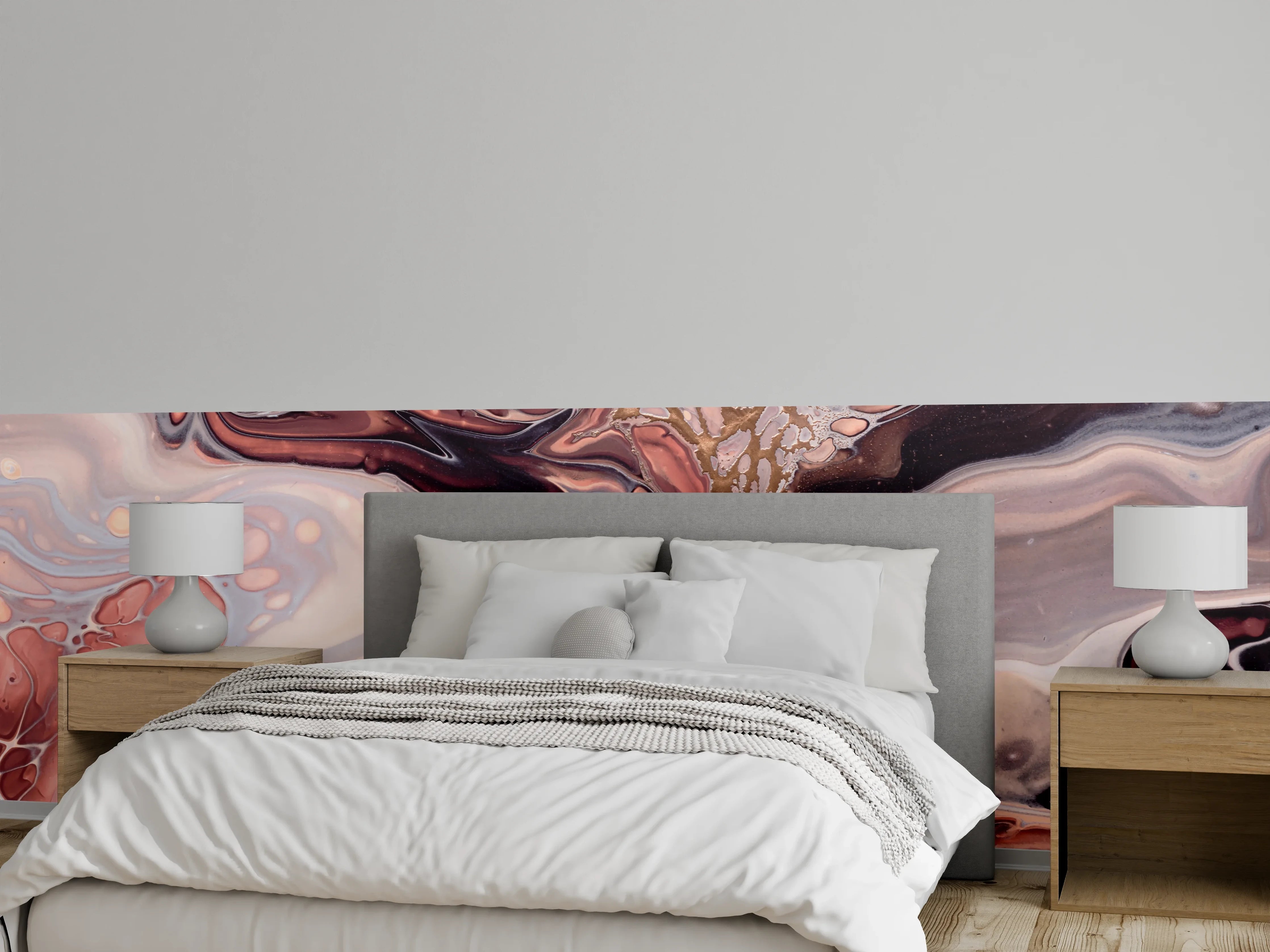 Wandverkleidung Schlafzimmer - Abstrakte Wandgestaltung in Nude und Bronze