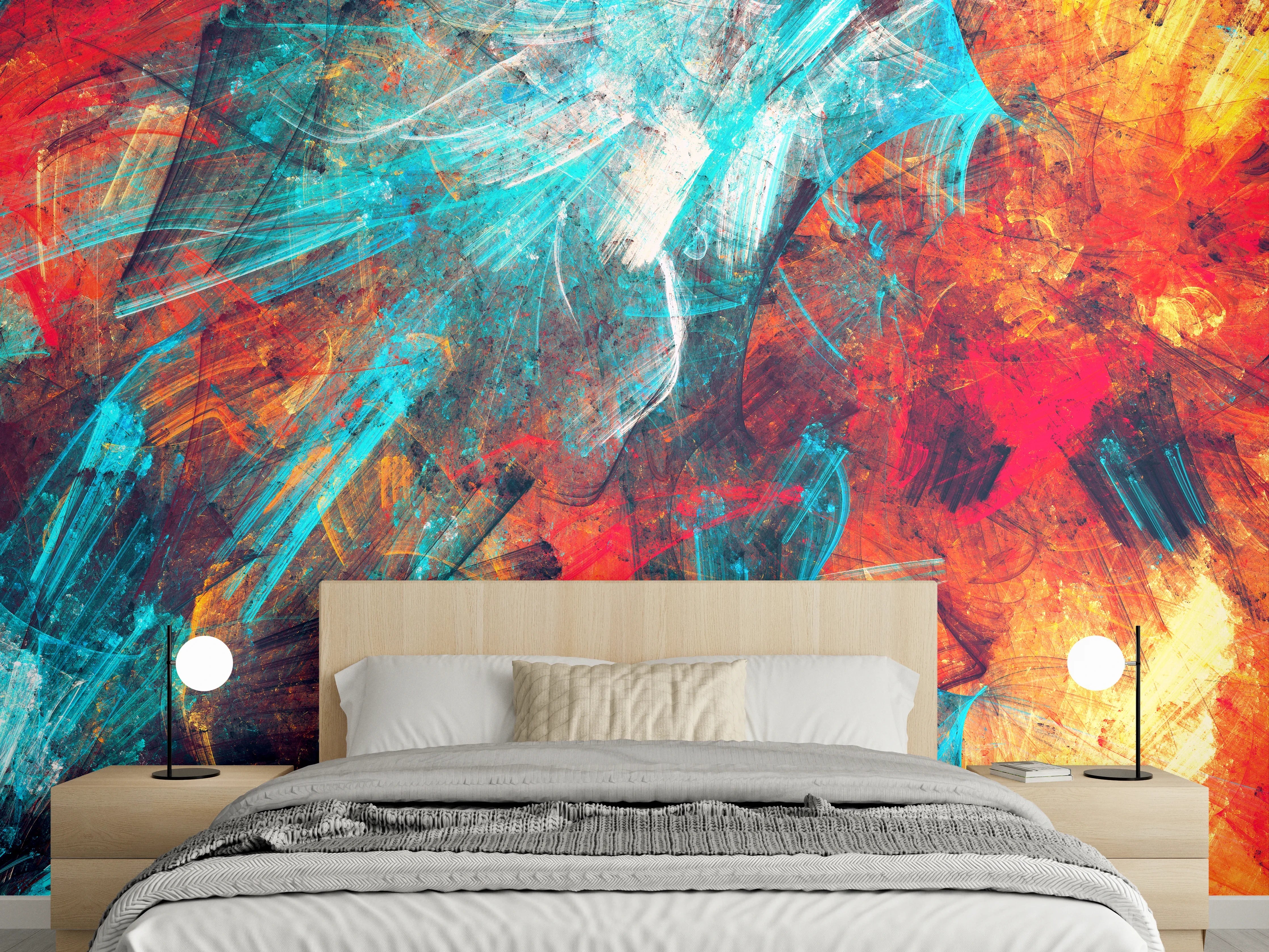Wandverkleidung Schlafzimmer - Abstrakte Wandkunst in Blau und Orange