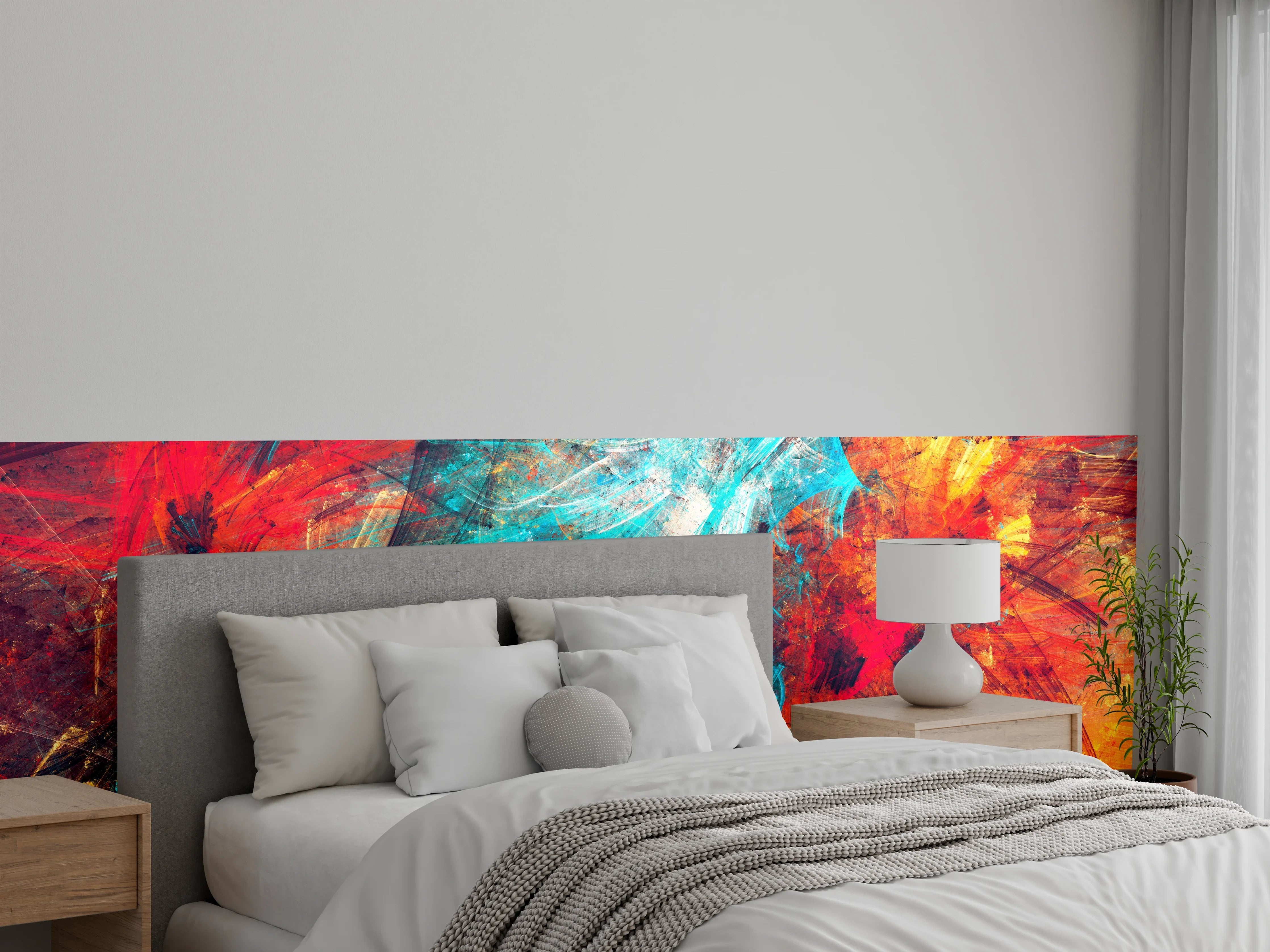 Wandverkleidung Schlafzimmer - Abstrakte Wandkunst in Blau und Orange