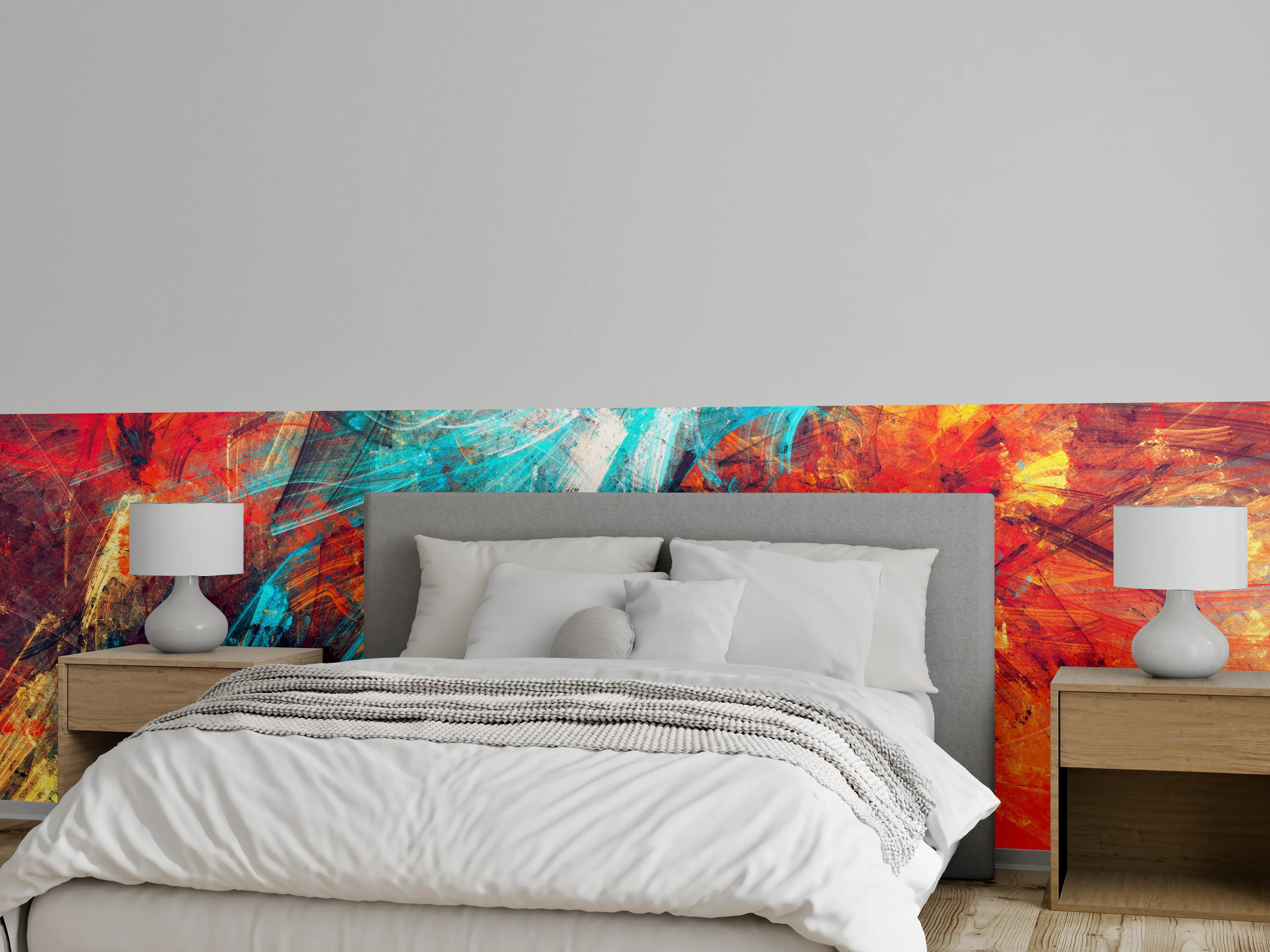 Wandverkleidung Schlafzimmer - Abstrakte Wandkunst in Blau und Orange