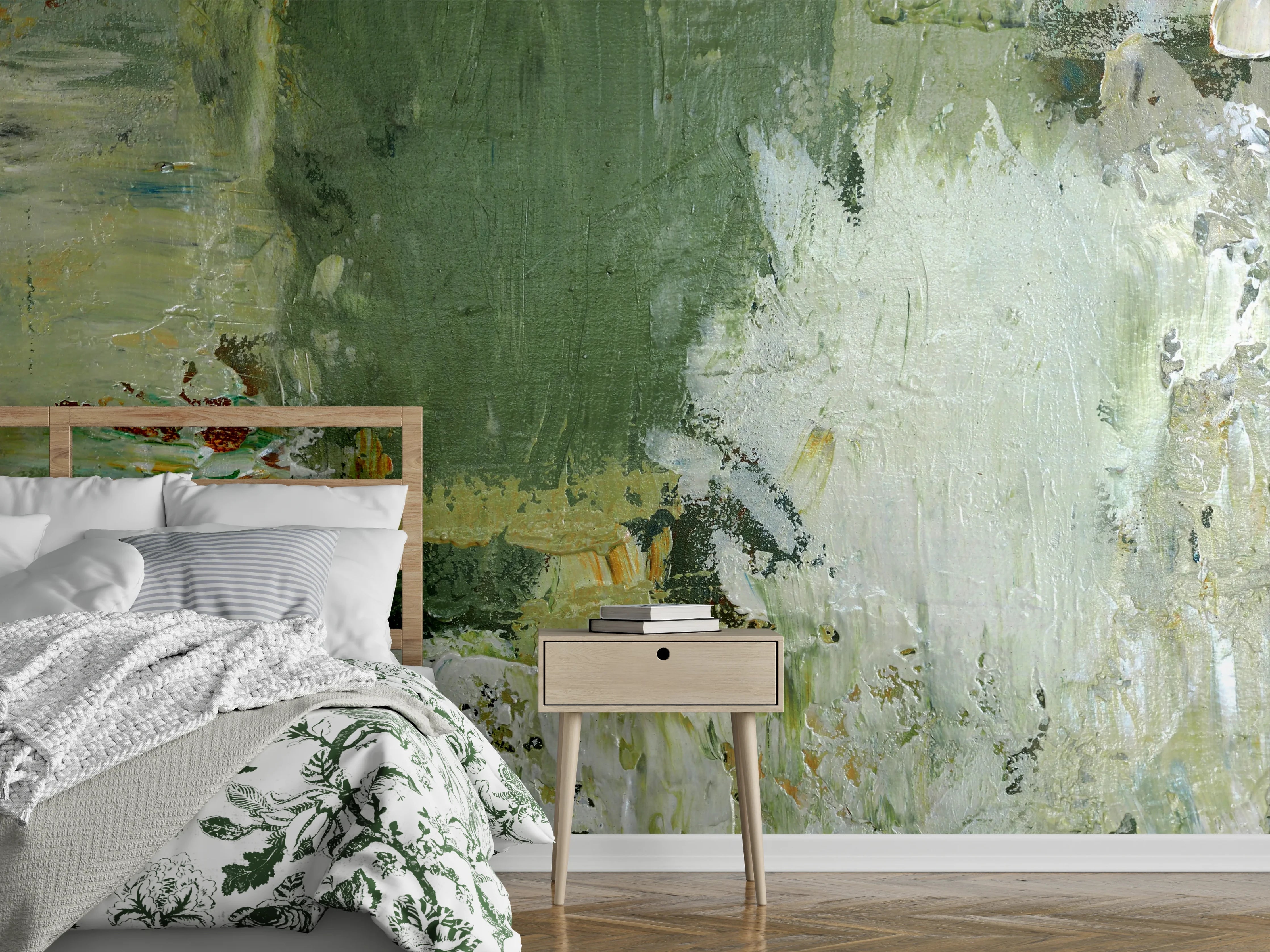 Wandverkleidung Schlafzimmer - Abstrakte Wandkunst in Grün und Weiß