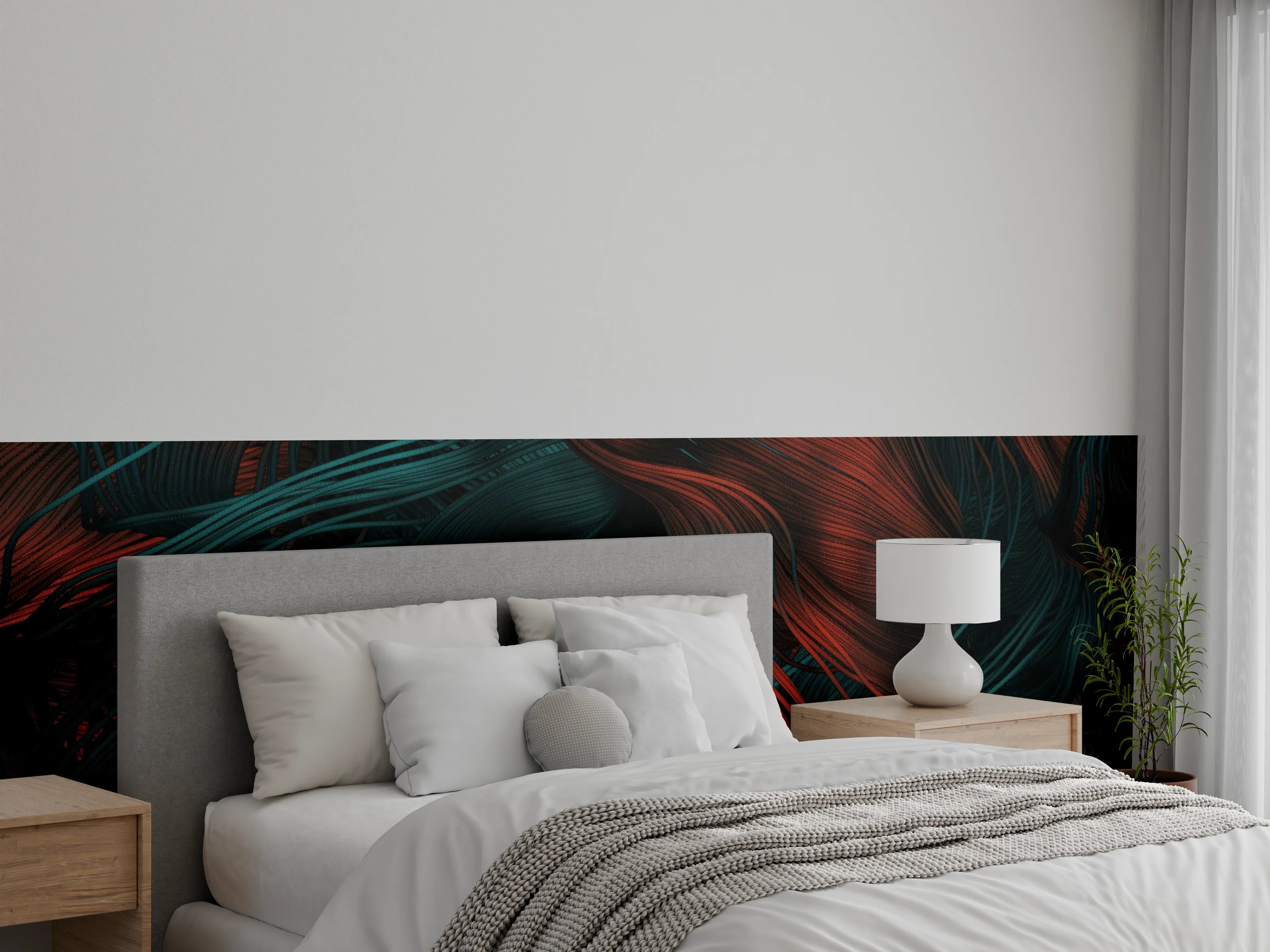 Wandverkleidung Schlafzimmer - Abstrakte Wandkunst in Rot und Petrol