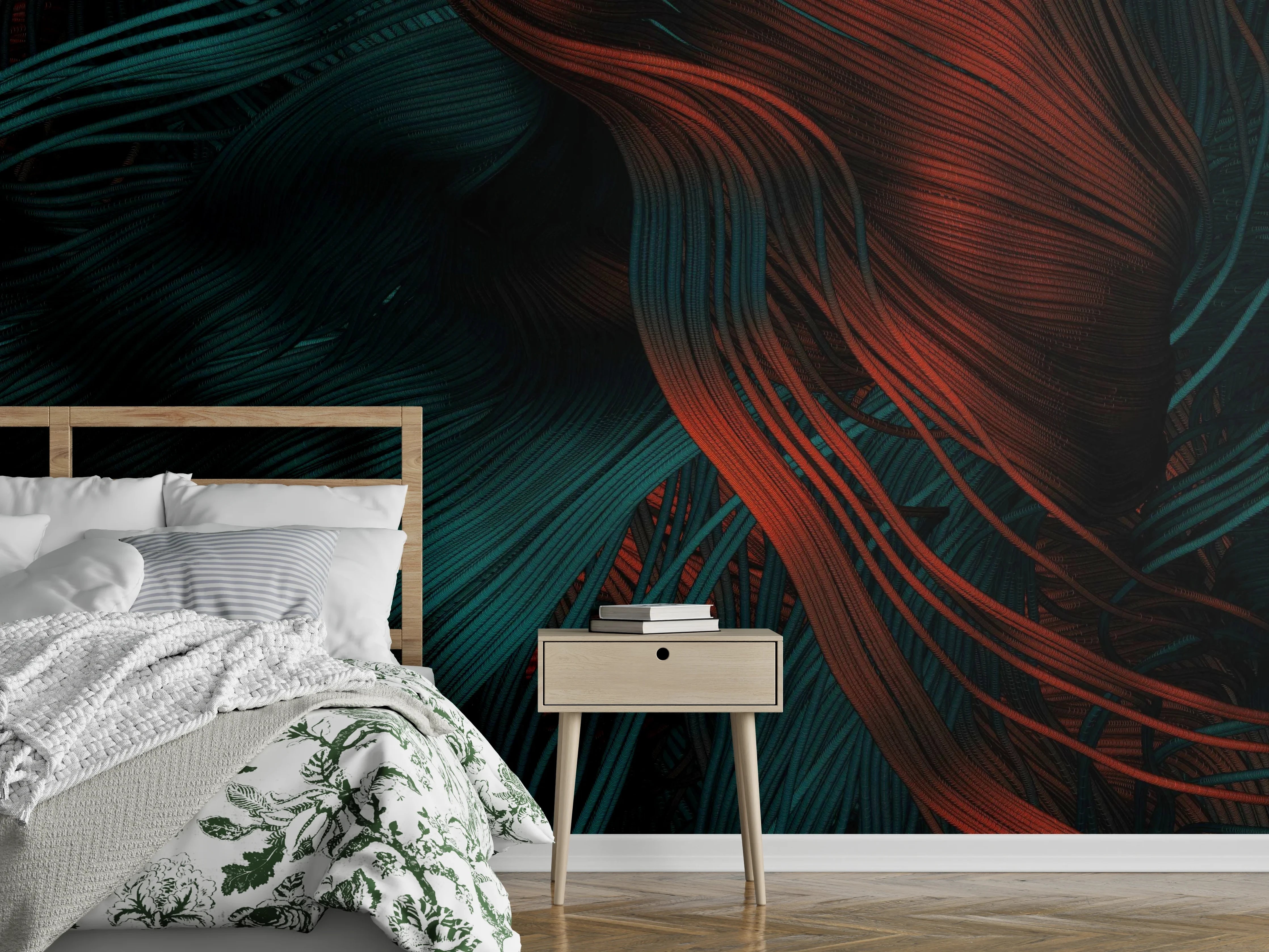 Wandverkleidung Schlafzimmer - Abstrakte Wandkunst in Rot und Petrol