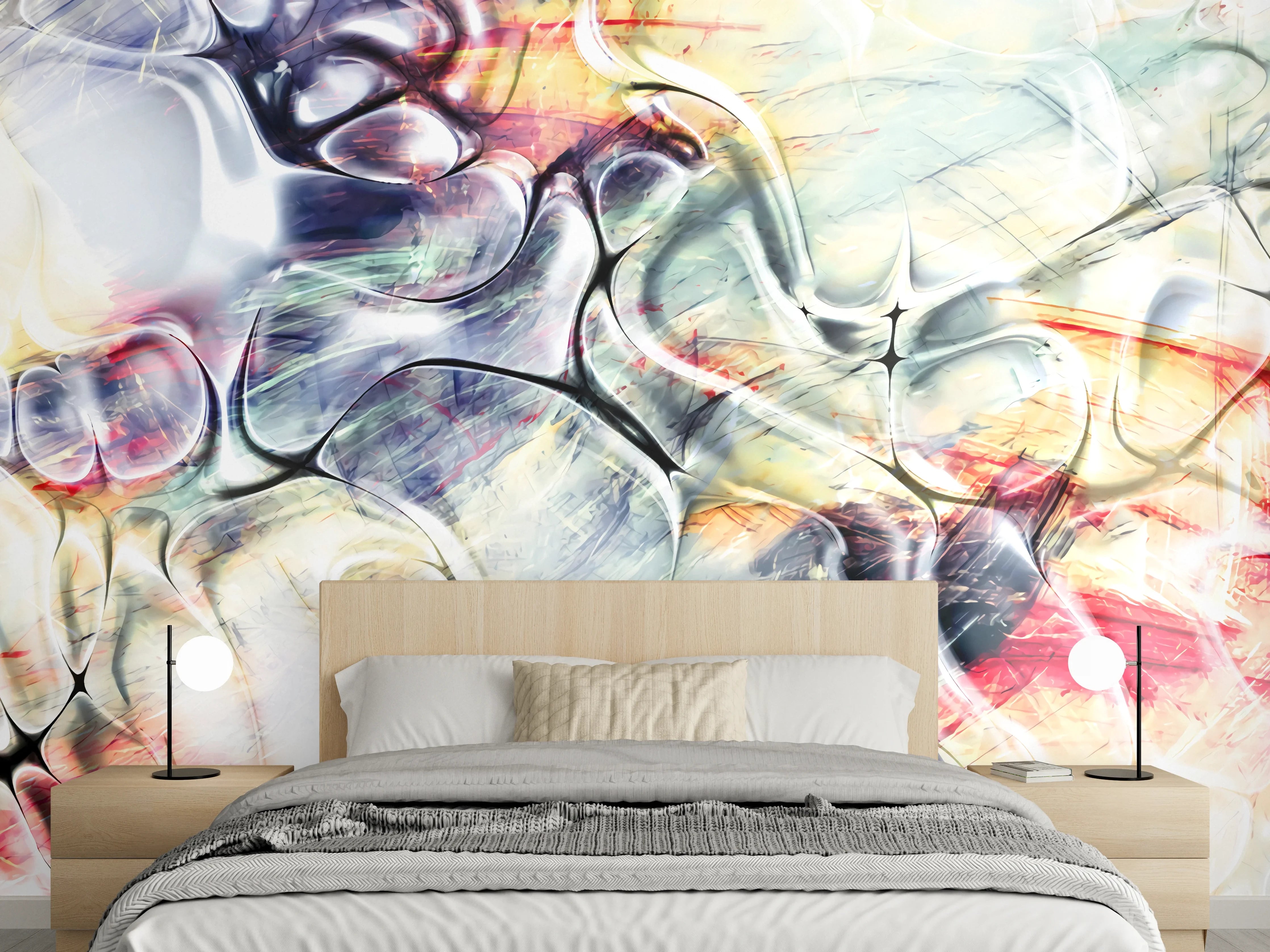 Wandverkleidung Schlafzimmer - Abstrakte Wandkunst in Weiß und Pastell