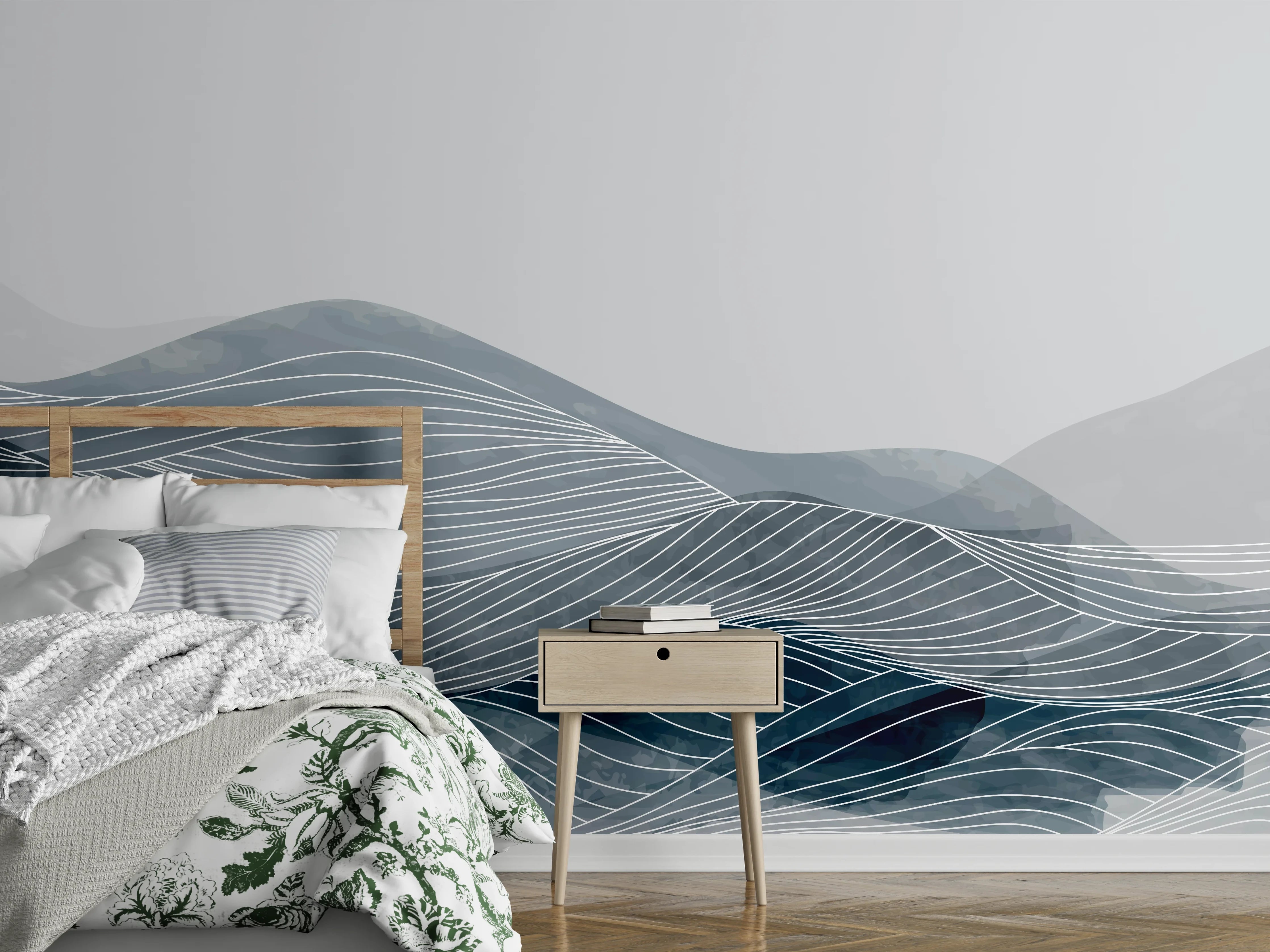 Wandverkleidung Schlafzimmer - Abstrakte Wasserwellen Wandbild Grau Blau
