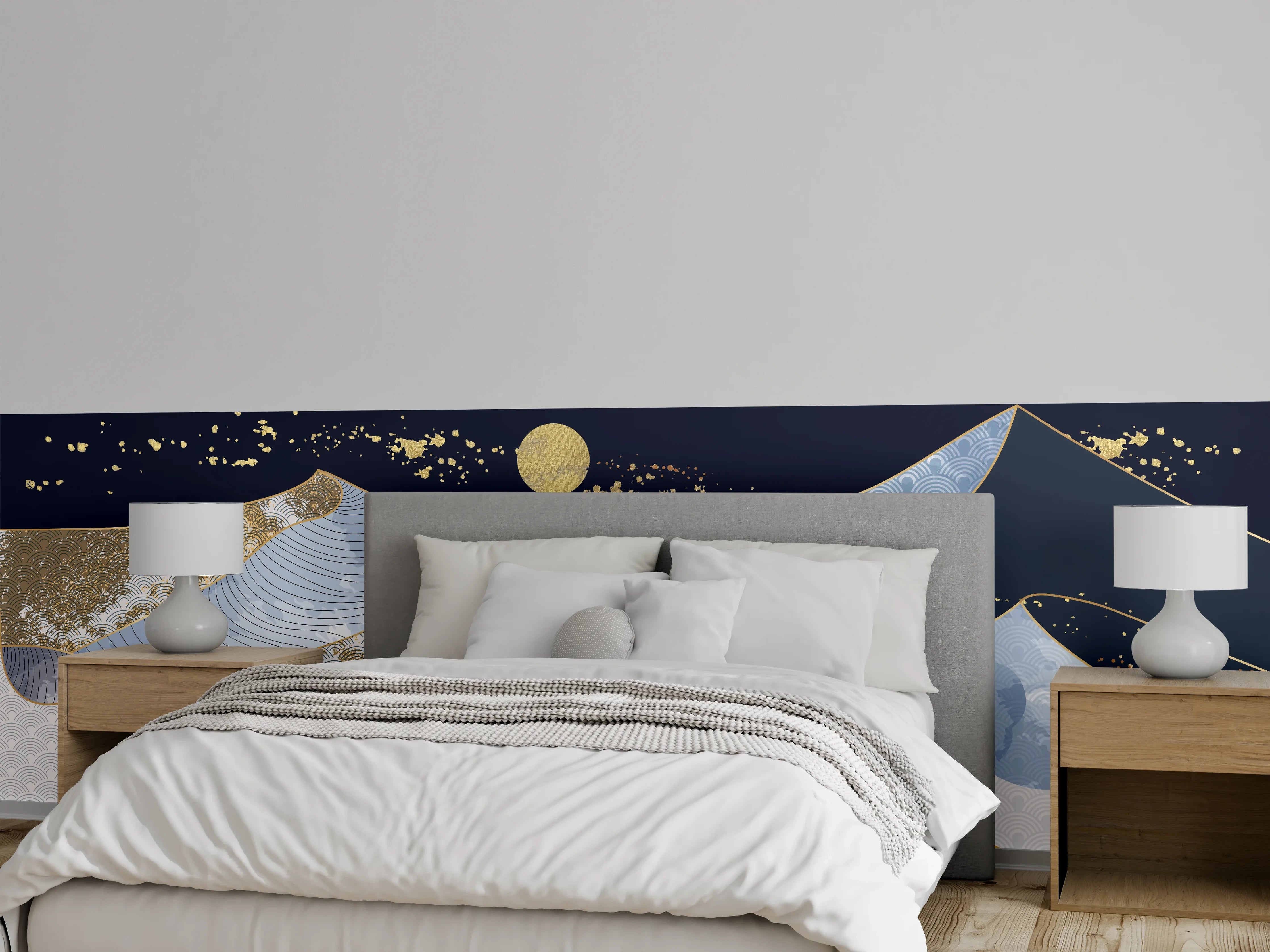 Wandverkleidung Schlafzimmer - Abstrakte Wellen Gold Blau