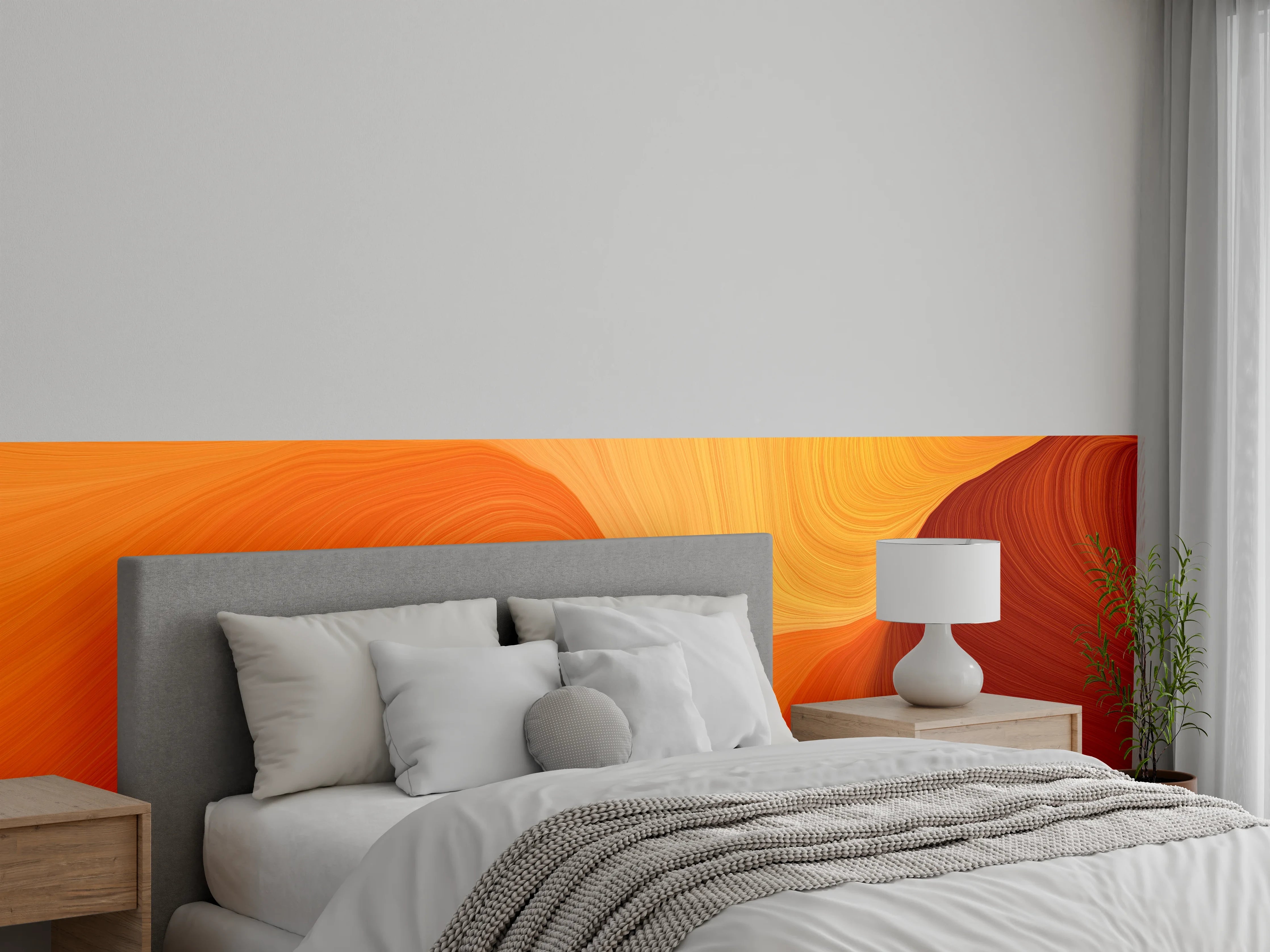 Wandverkleidung Schlafzimmer - Abstrakte Wellen in Orange und Gelb