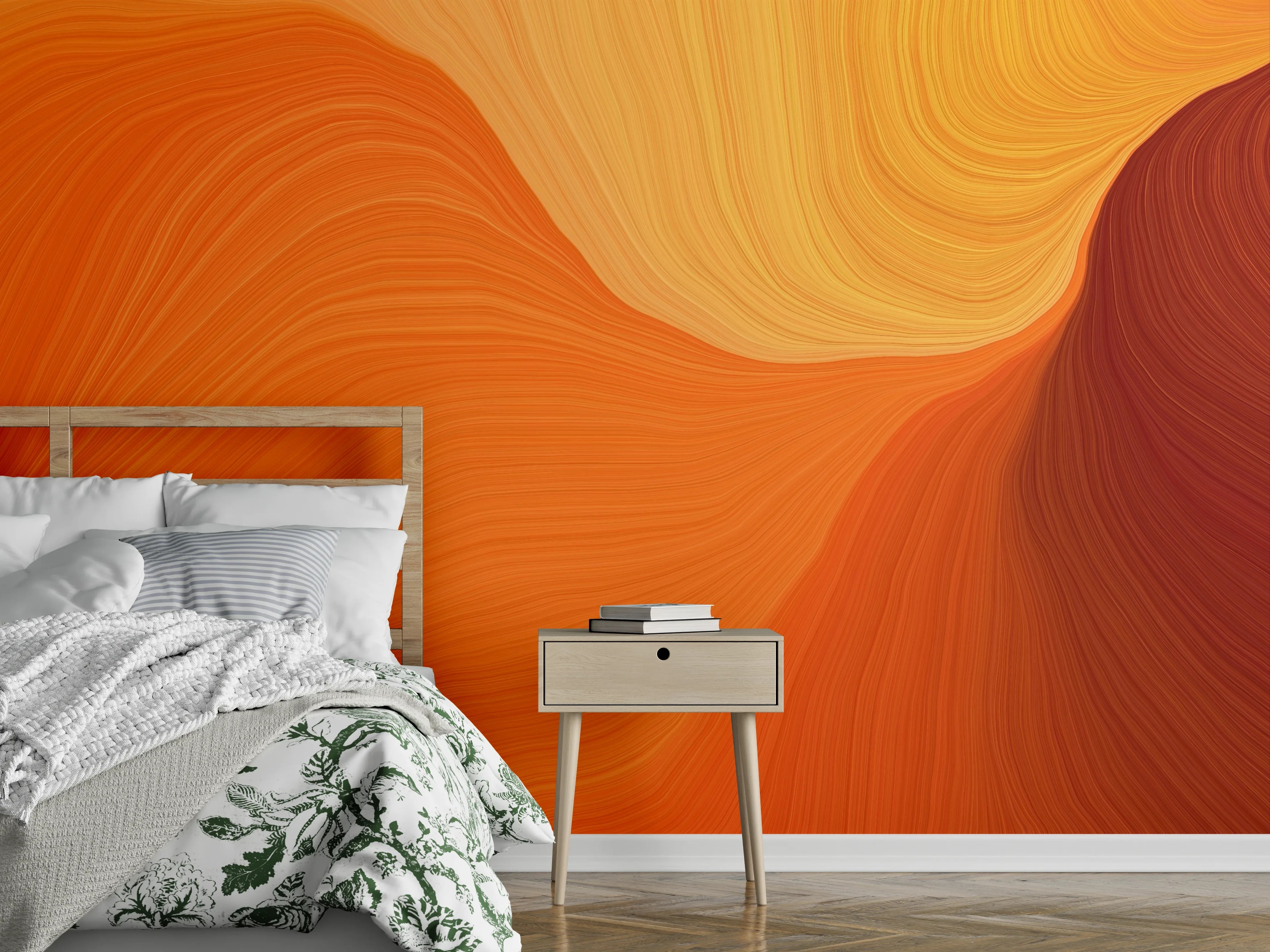 Wandverkleidung Schlafzimmer - Abstrakte Wellen in Orange und Gelb