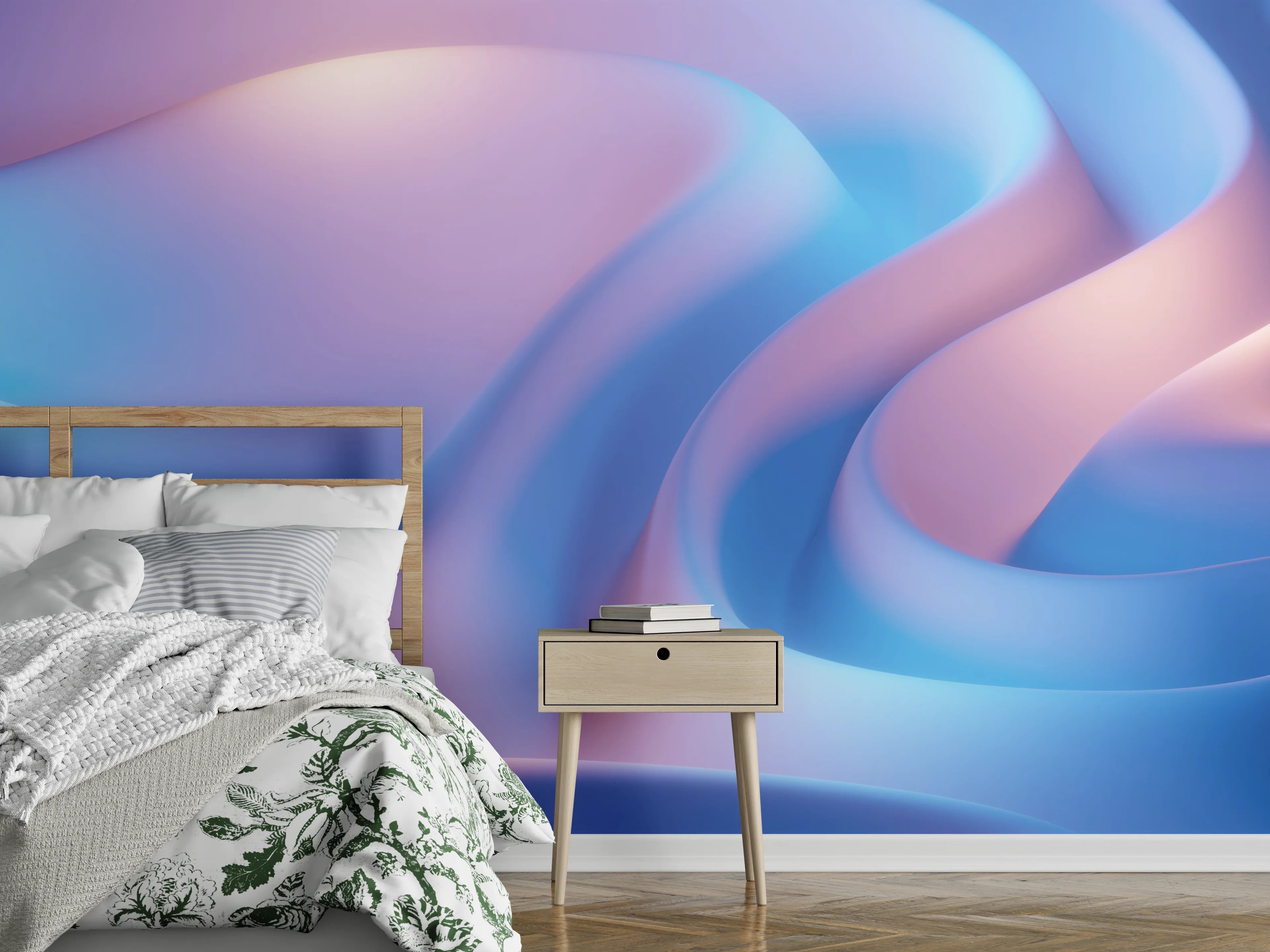 Wandverkleidung Schlafzimmer - Abstrakte Wellen in Pastellrosa und Blau