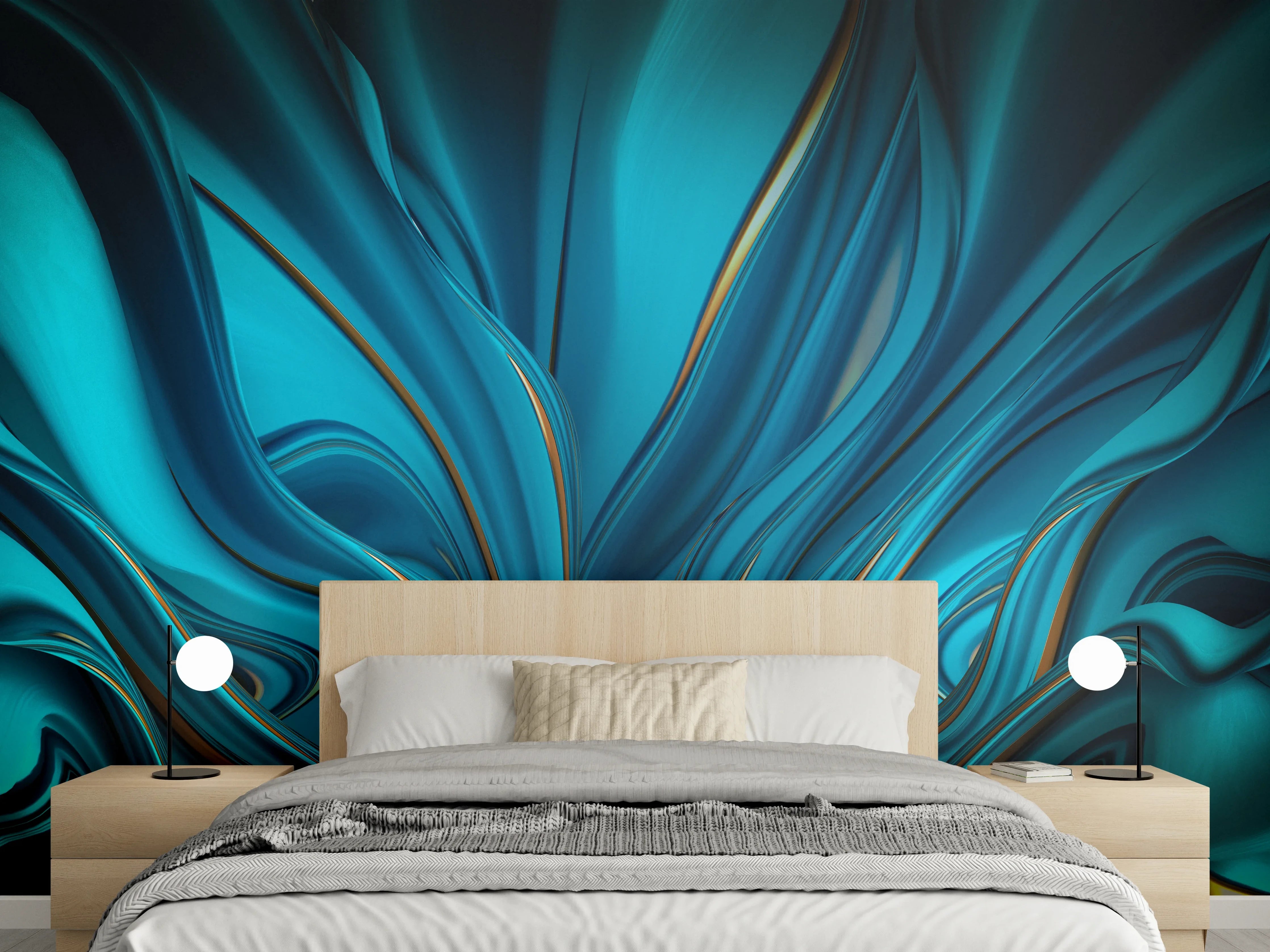 Wandverkleidung Schlafzimmer - Abstrakte Wellen in Türkis- und Blautönen
