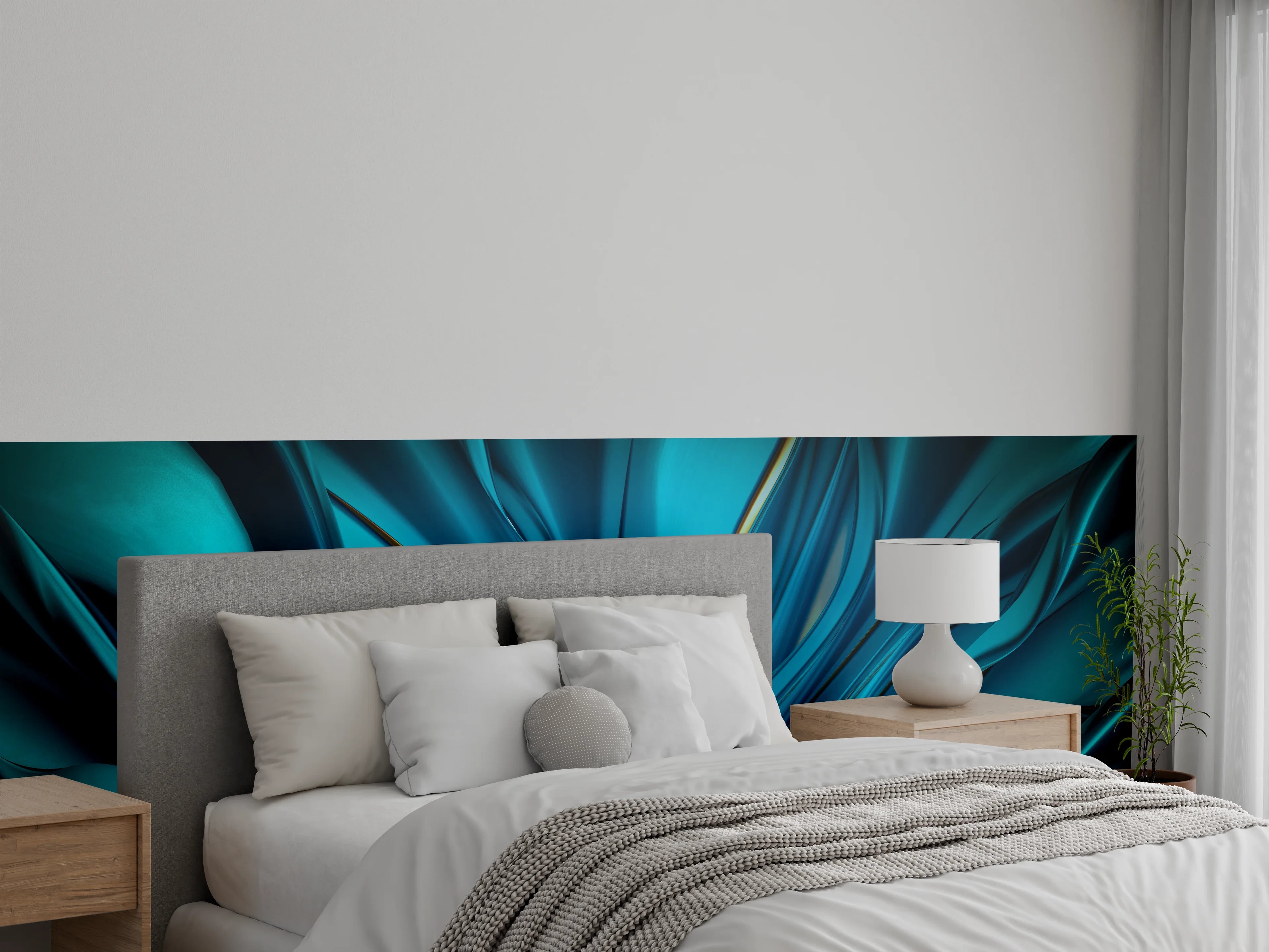 Wandverkleidung Schlafzimmer - Abstrakte Wellen in Türkis- und Blautönen