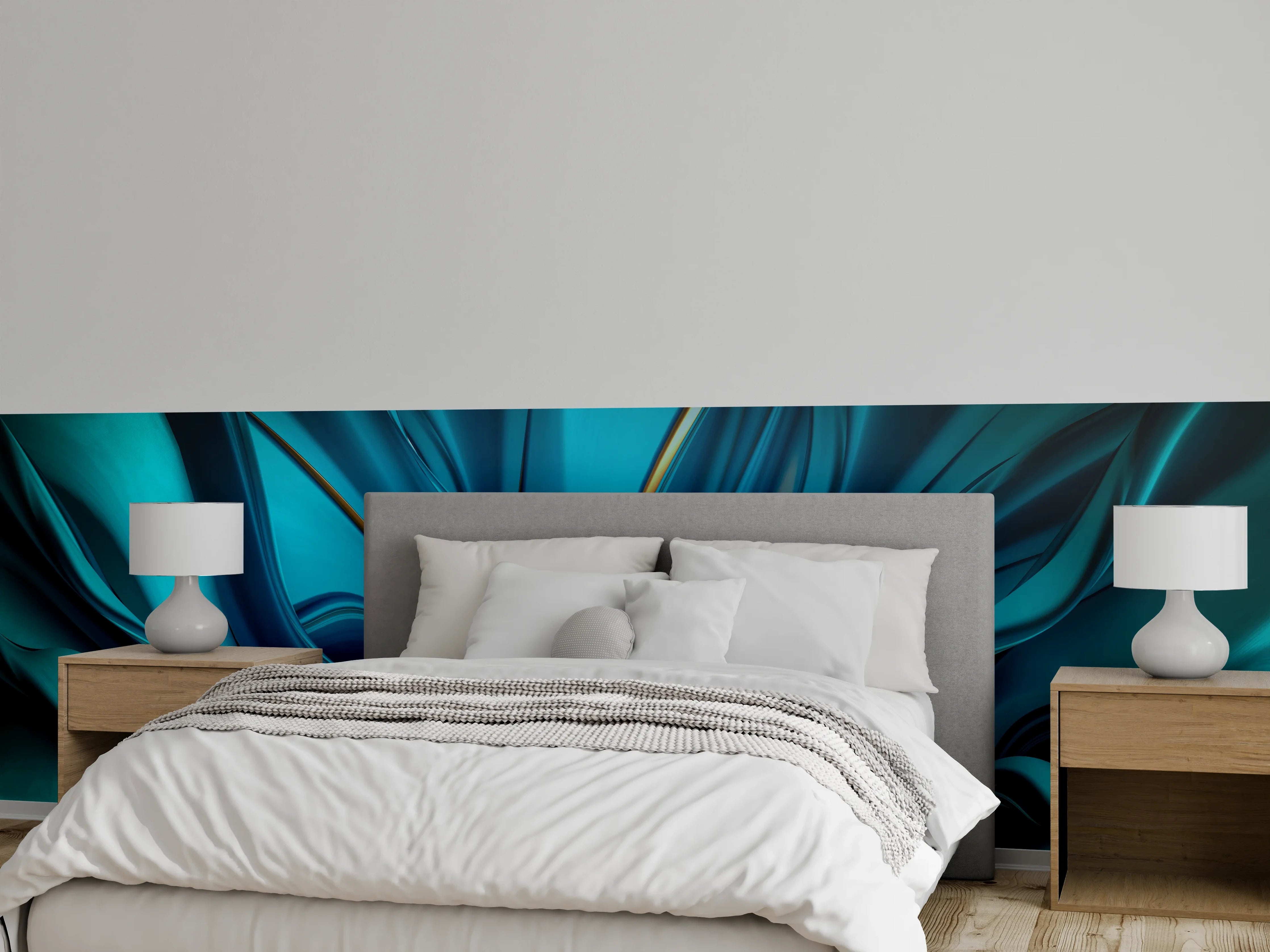 Wandverkleidung Schlafzimmer - Abstrakte Wellen in Türkis- und Blautönen