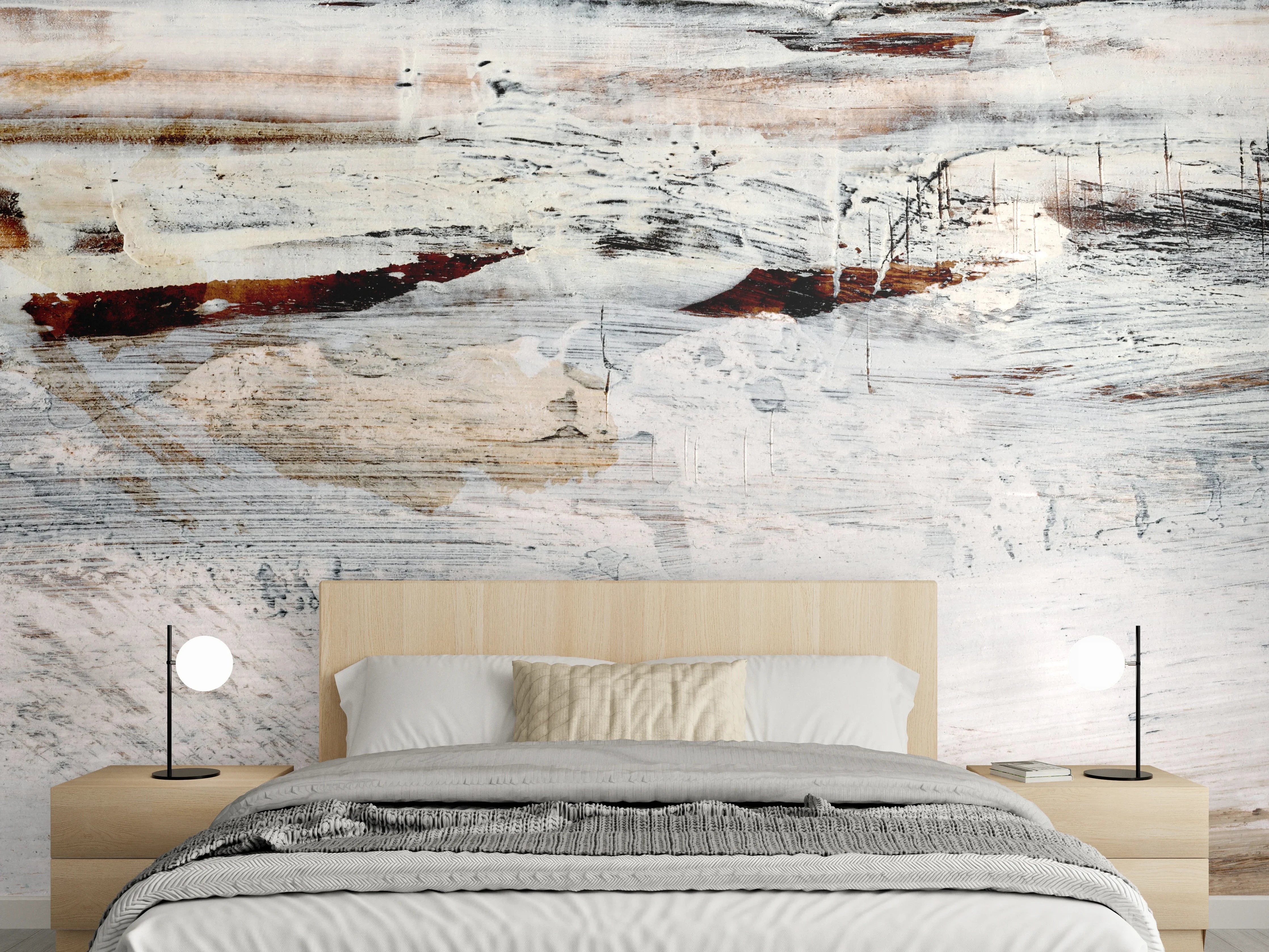 Wandverkleidung Schlafzimmer - Abstrakte Winterlandschaft in Weiß und Grau