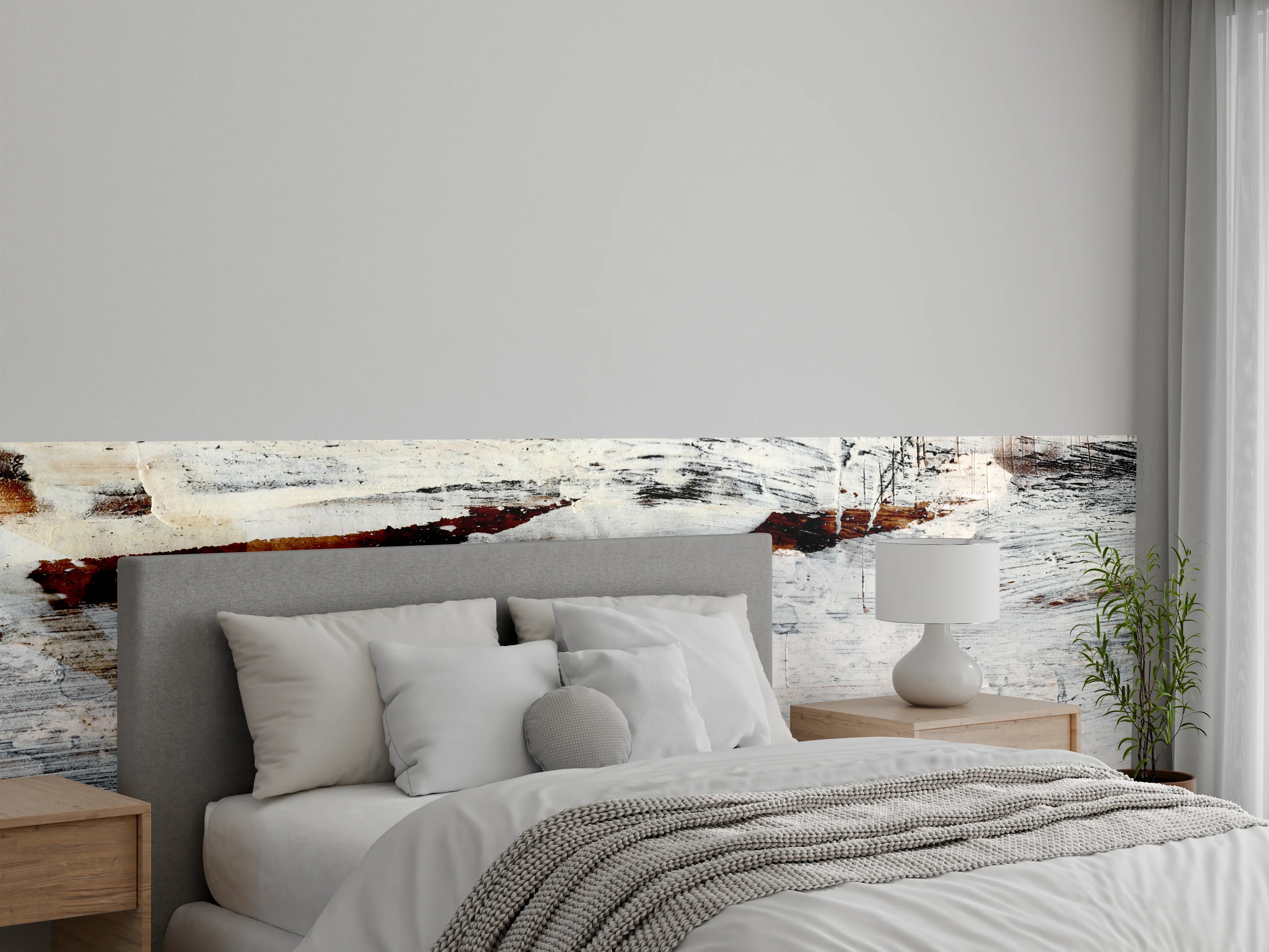 Wandverkleidung Schlafzimmer - Abstrakte Winterlandschaft in Weiß und Grau