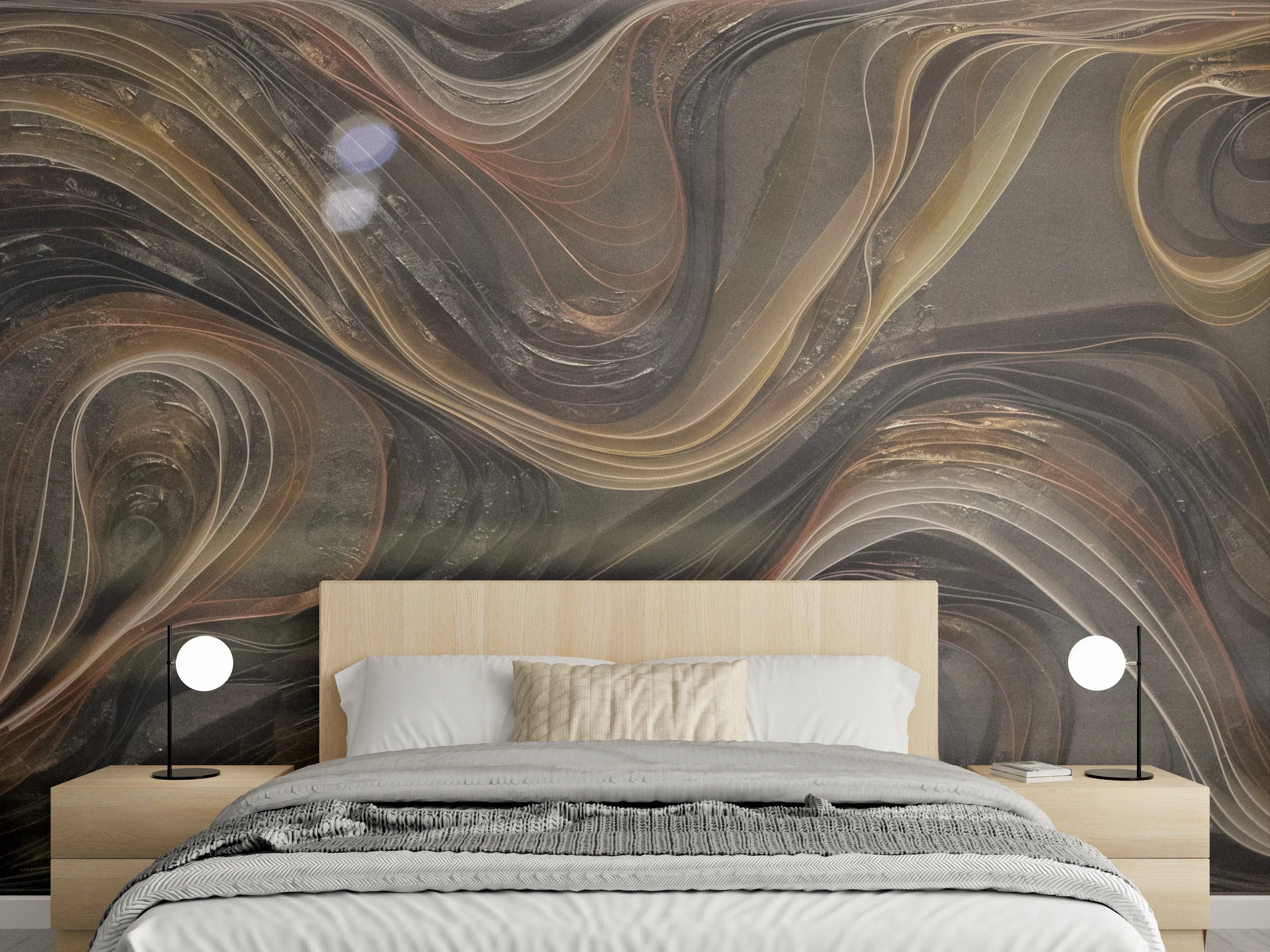 Wandverkleidung Schlafzimmer - Abstrakte Wirbel Braun Beige Wandbild