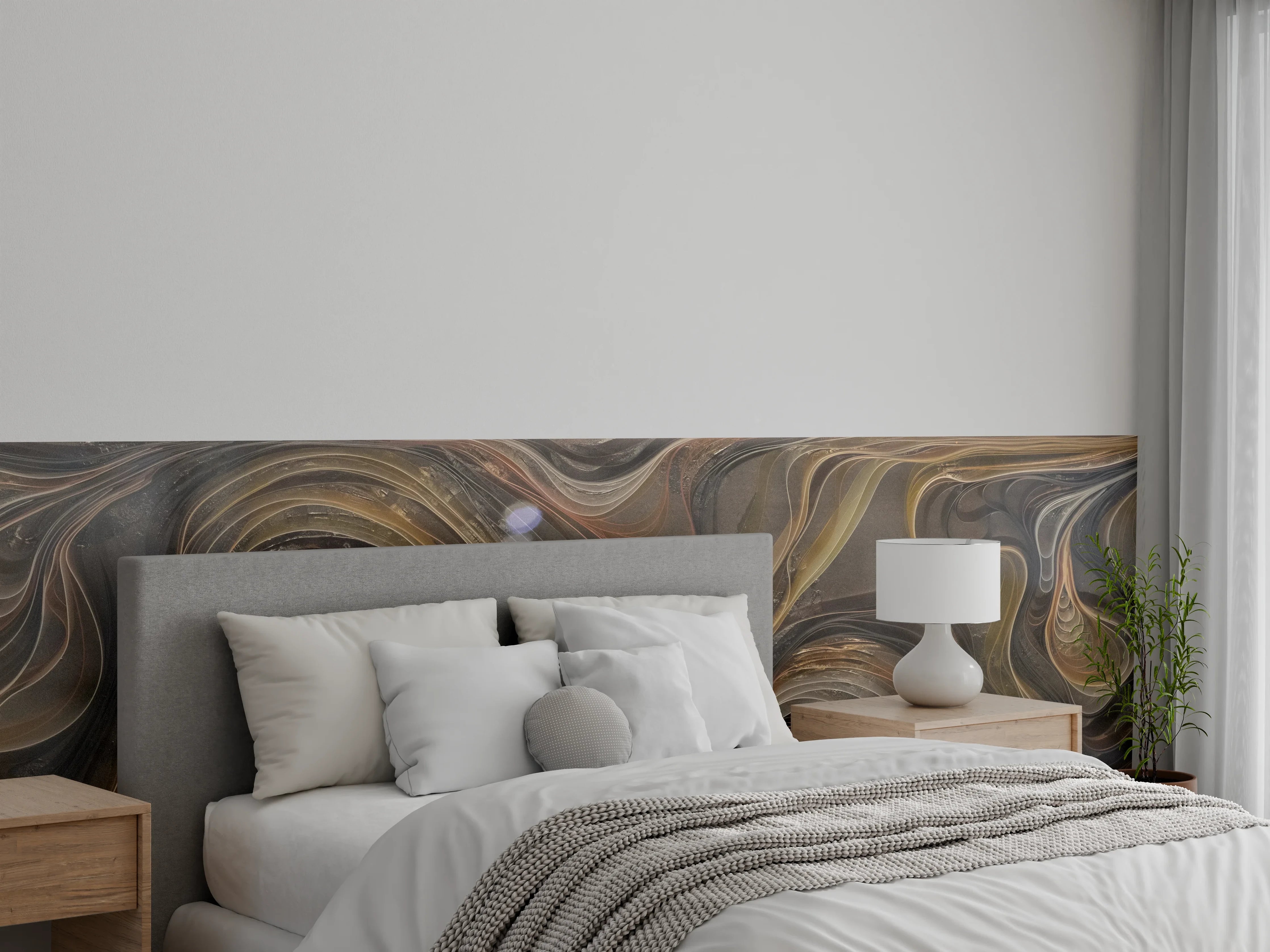 Wandverkleidung Schlafzimmer - Abstrakte Wirbel Braun Beige Wandbild