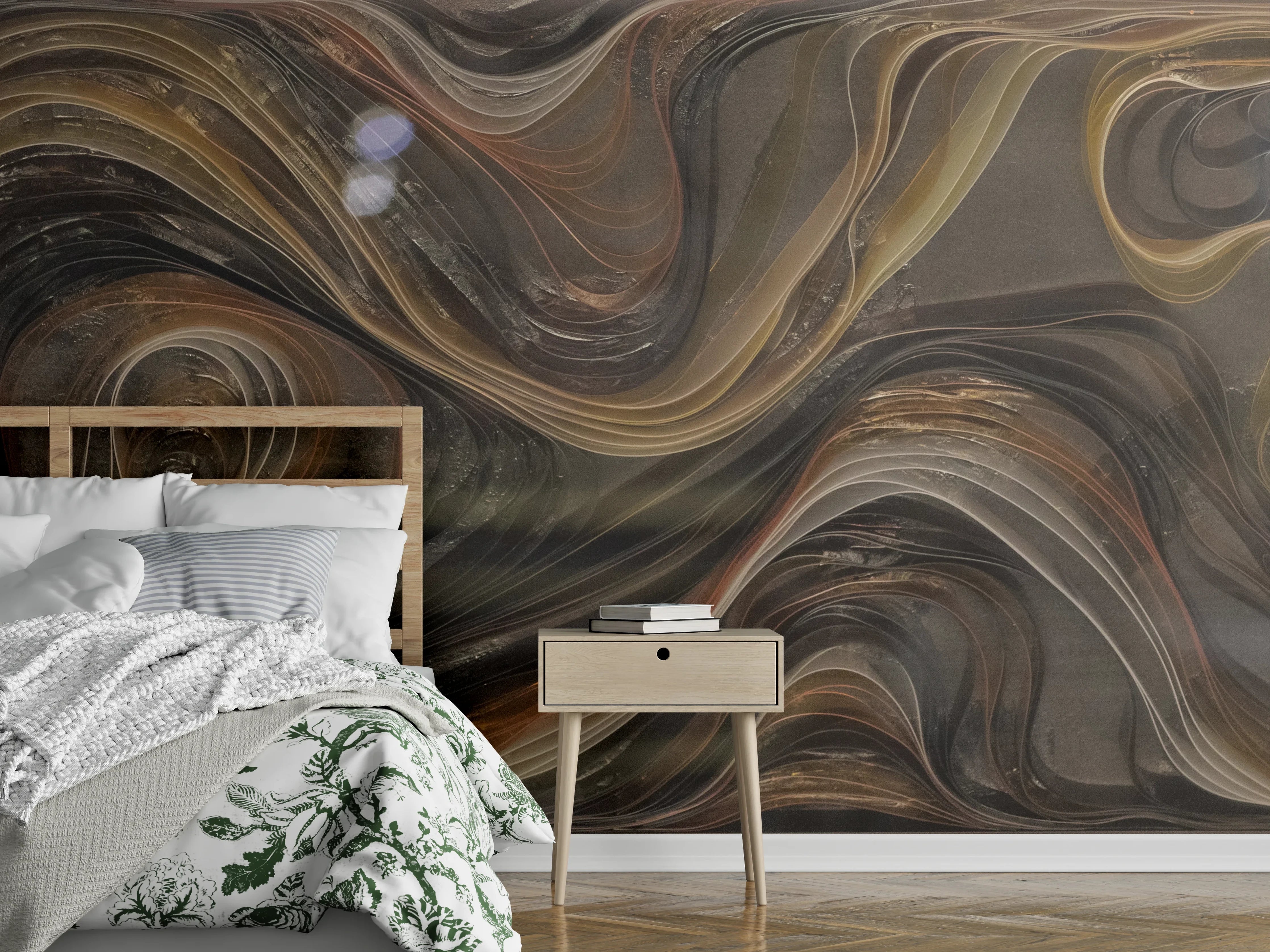 Wandverkleidung Schlafzimmer - Abstrakte Wirbel Braun Beige Wandbild