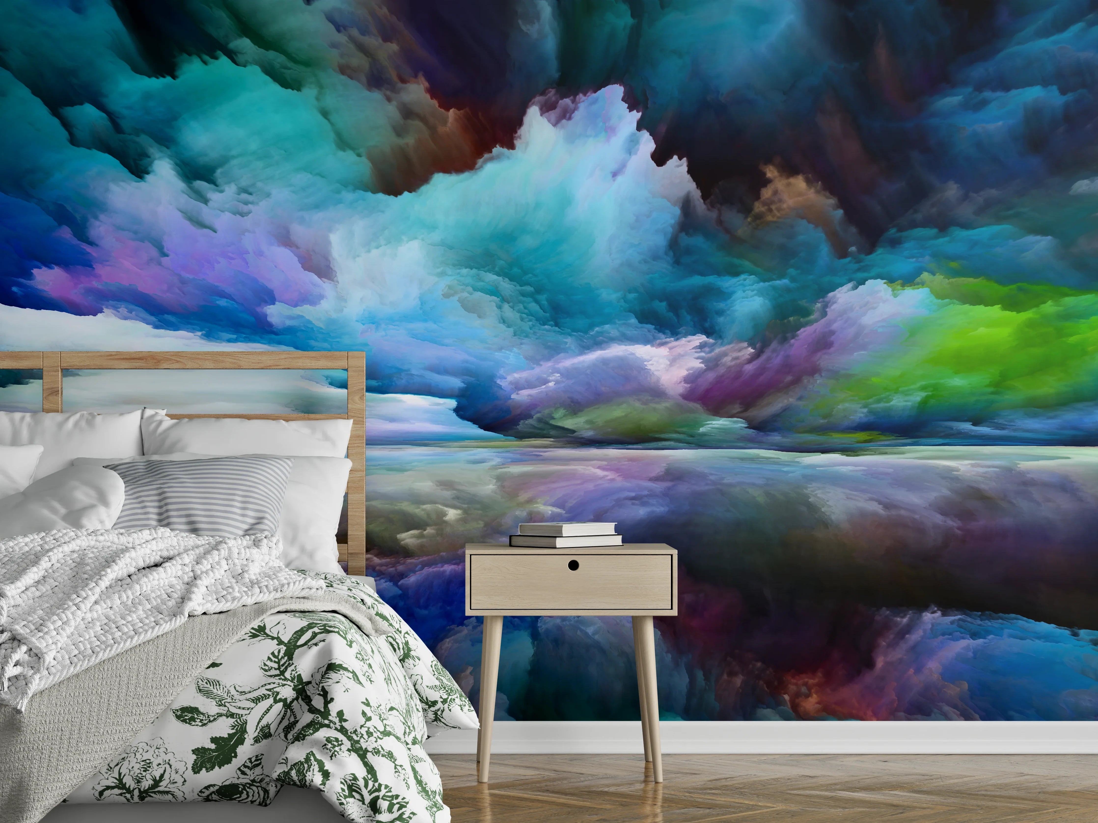 Wandverkleidung Schlafzimmer - Abstrakte Wolkenmalerei in kräftigen Farben