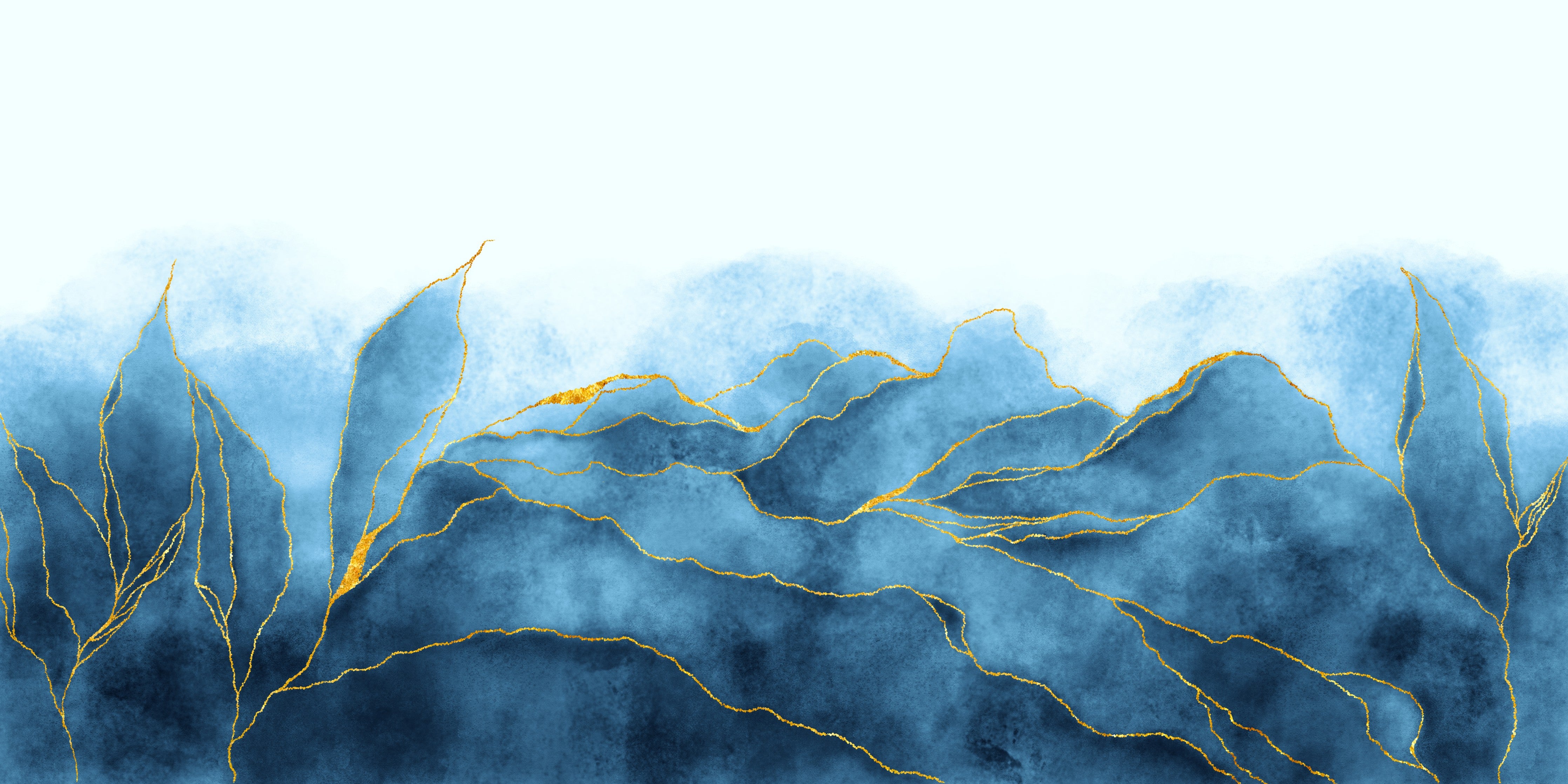 Wandverkleidung Schlafzimmer-Abstrakte blaue Aquarelllandschaft mit Gold