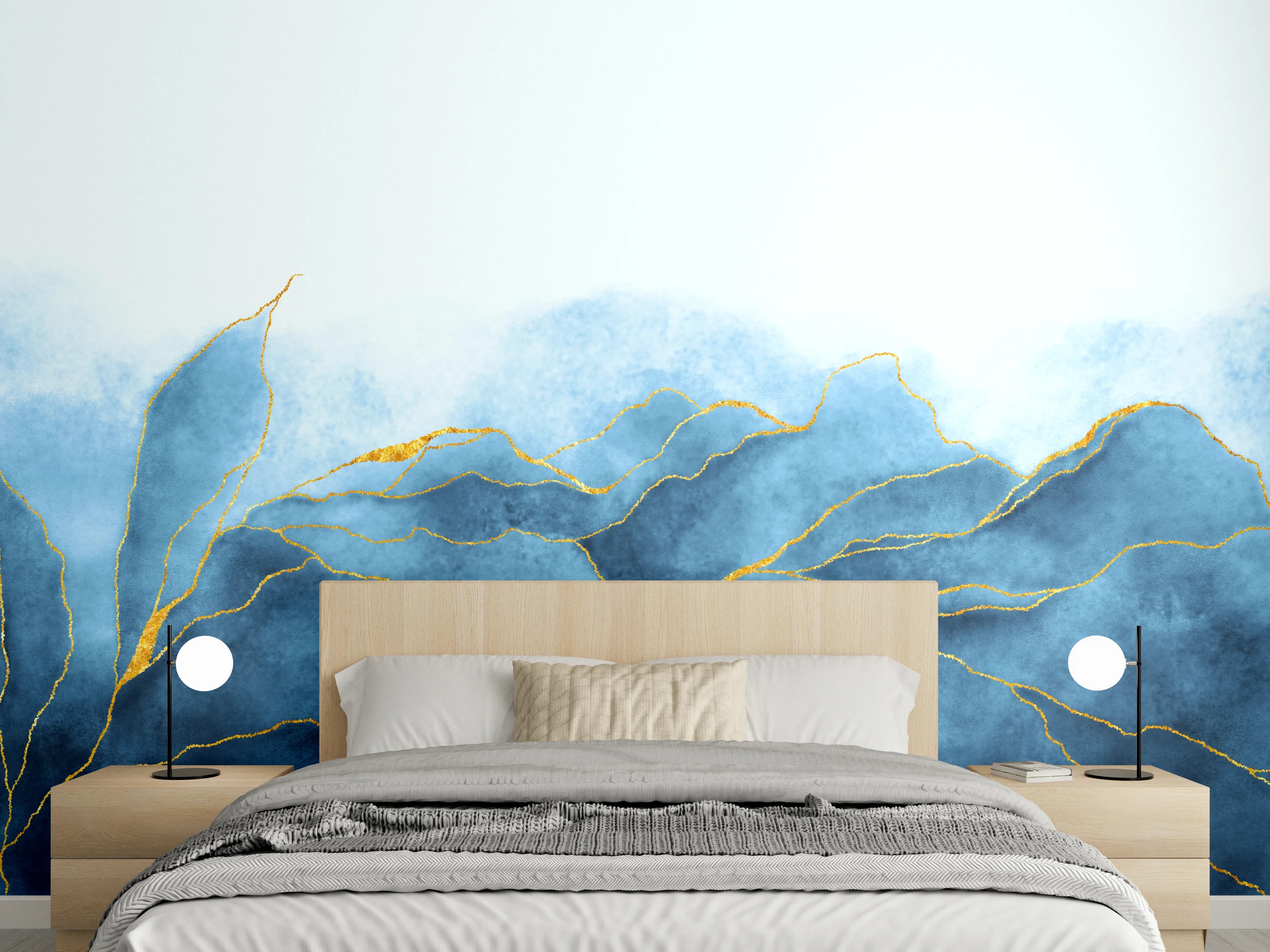 Wandverkleidung Schlafzimmer - Abstrakte blaue Aquarelllandschaft mit Gold