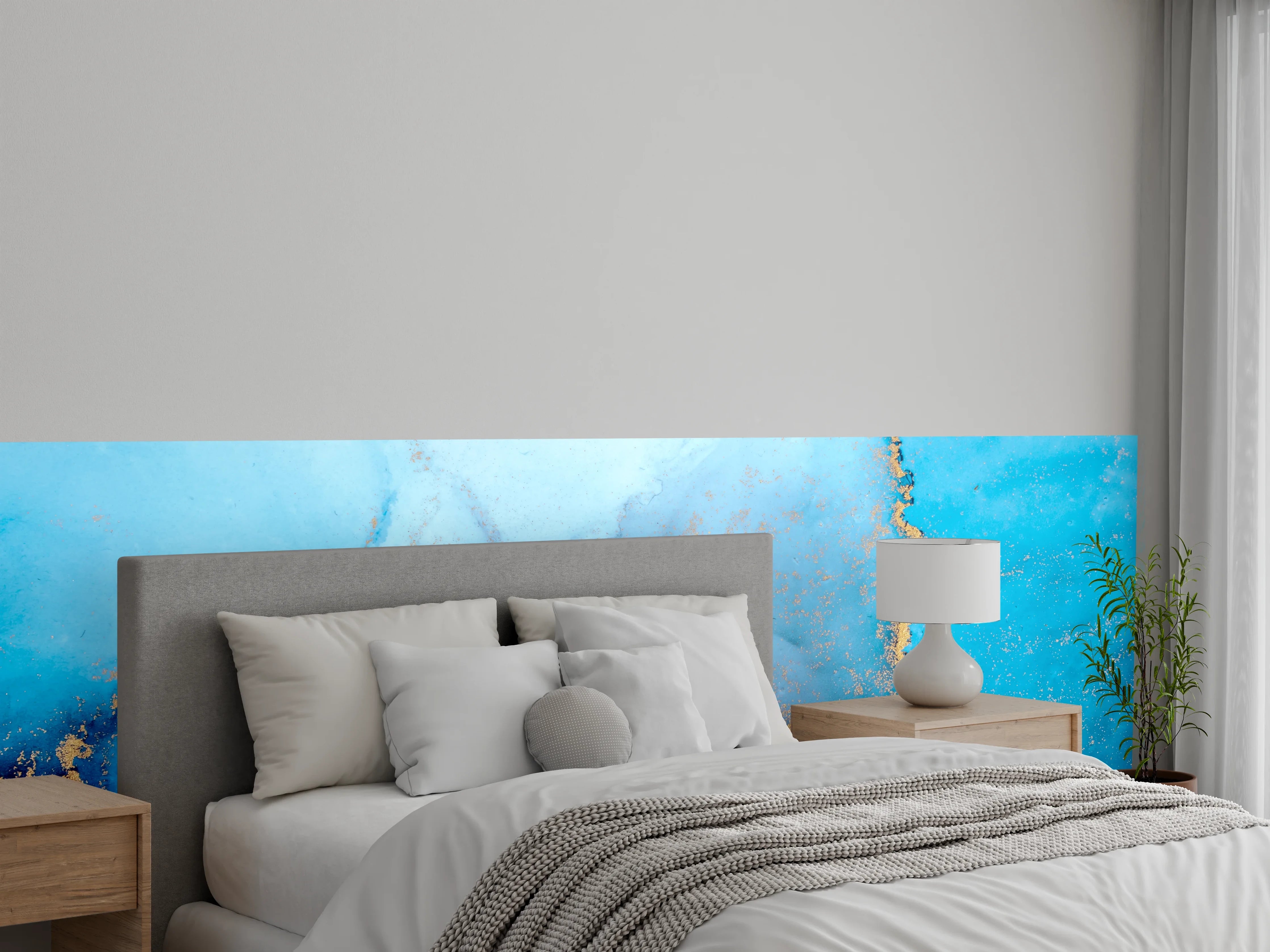 Wandverkleidung Schlafzimmer - Abstrakte blaue Marmoroptik mit Gold