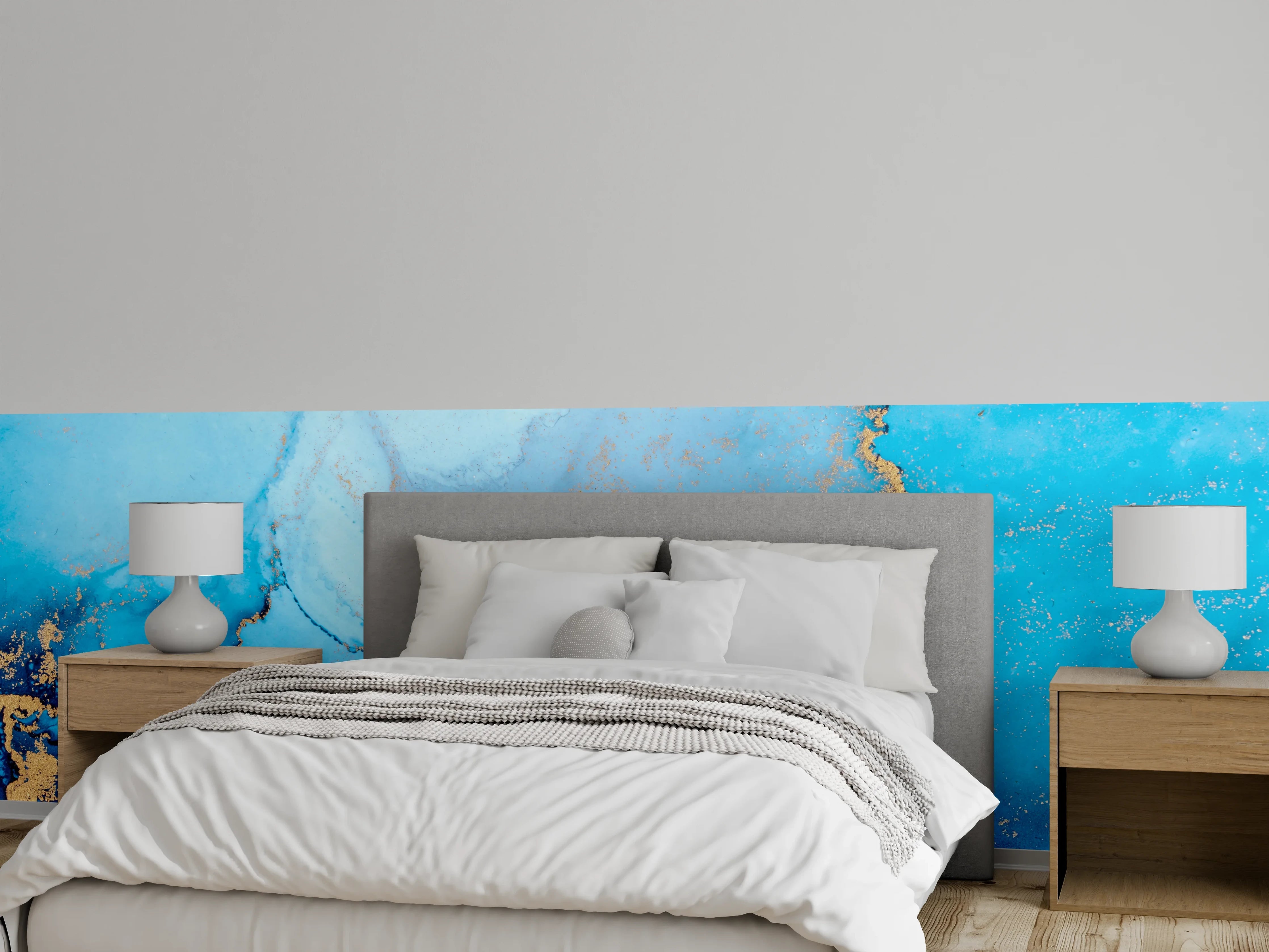 Wandverkleidung Schlafzimmer - Abstrakte blaue Marmoroptik mit Gold
