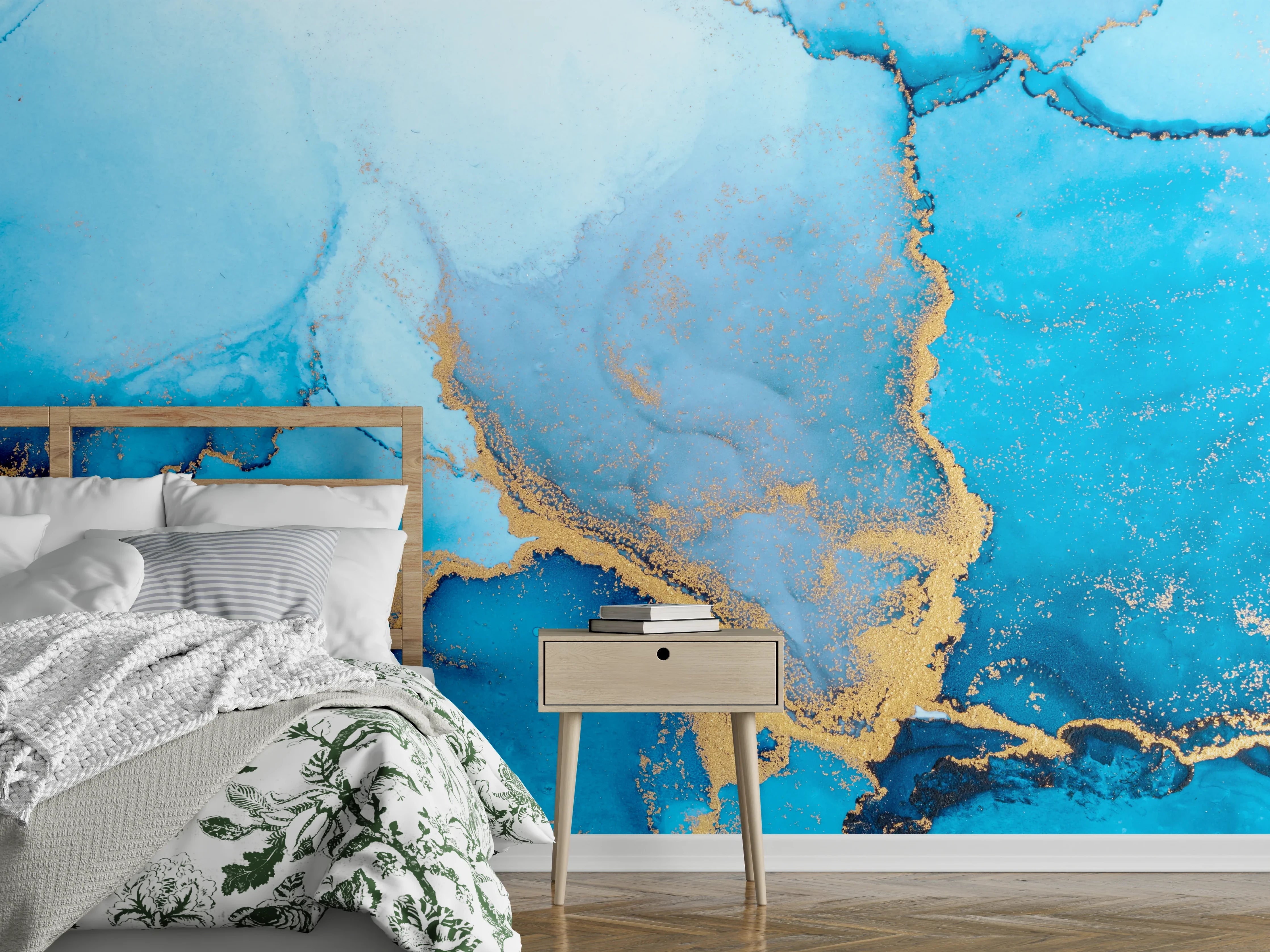Wandverkleidung Schlafzimmer - Abstrakte blaue Marmoroptik mit Gold