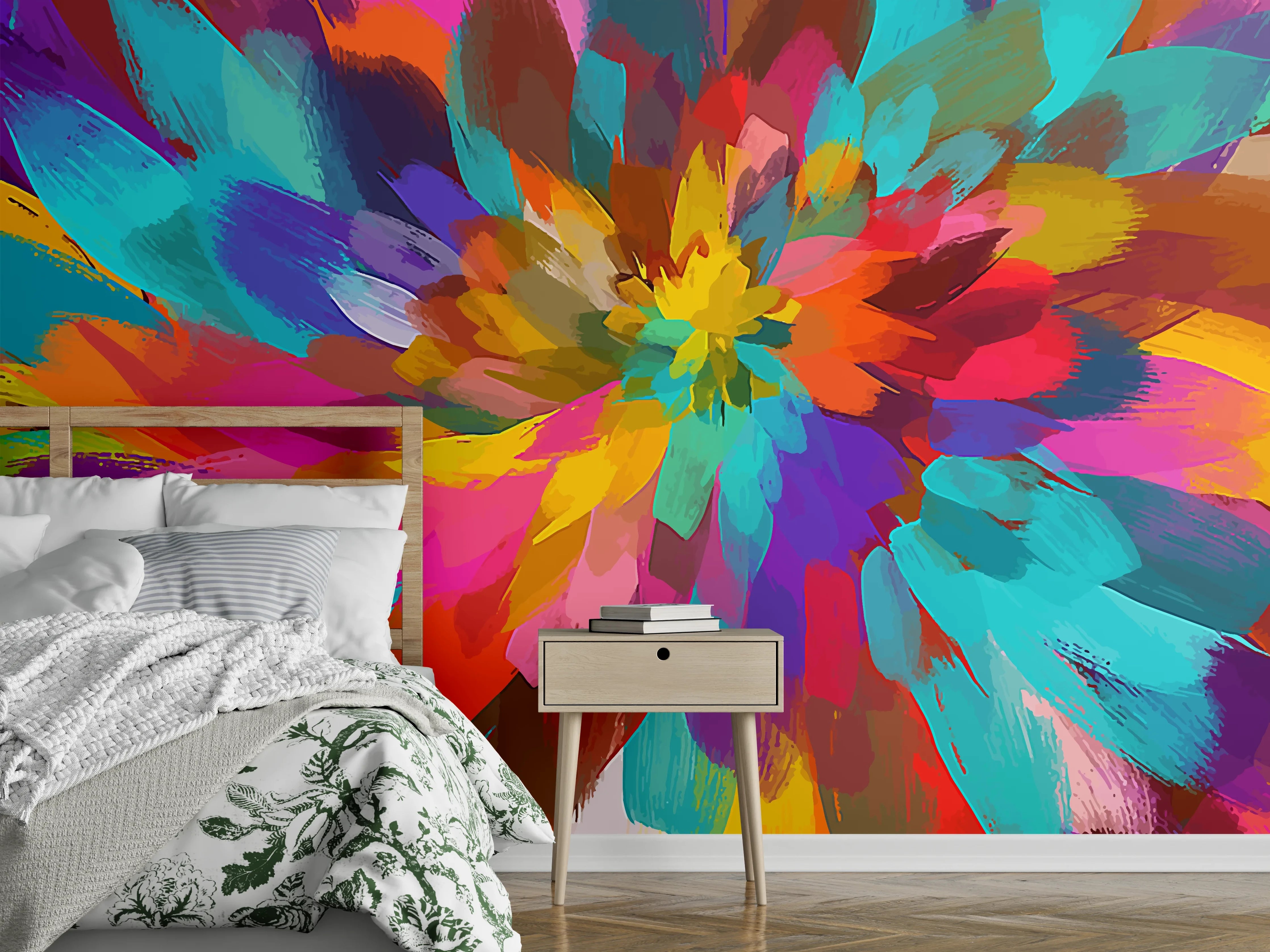 Wandverkleidung Schlafzimmer - Abstrakte bunte Blumenexplosion
