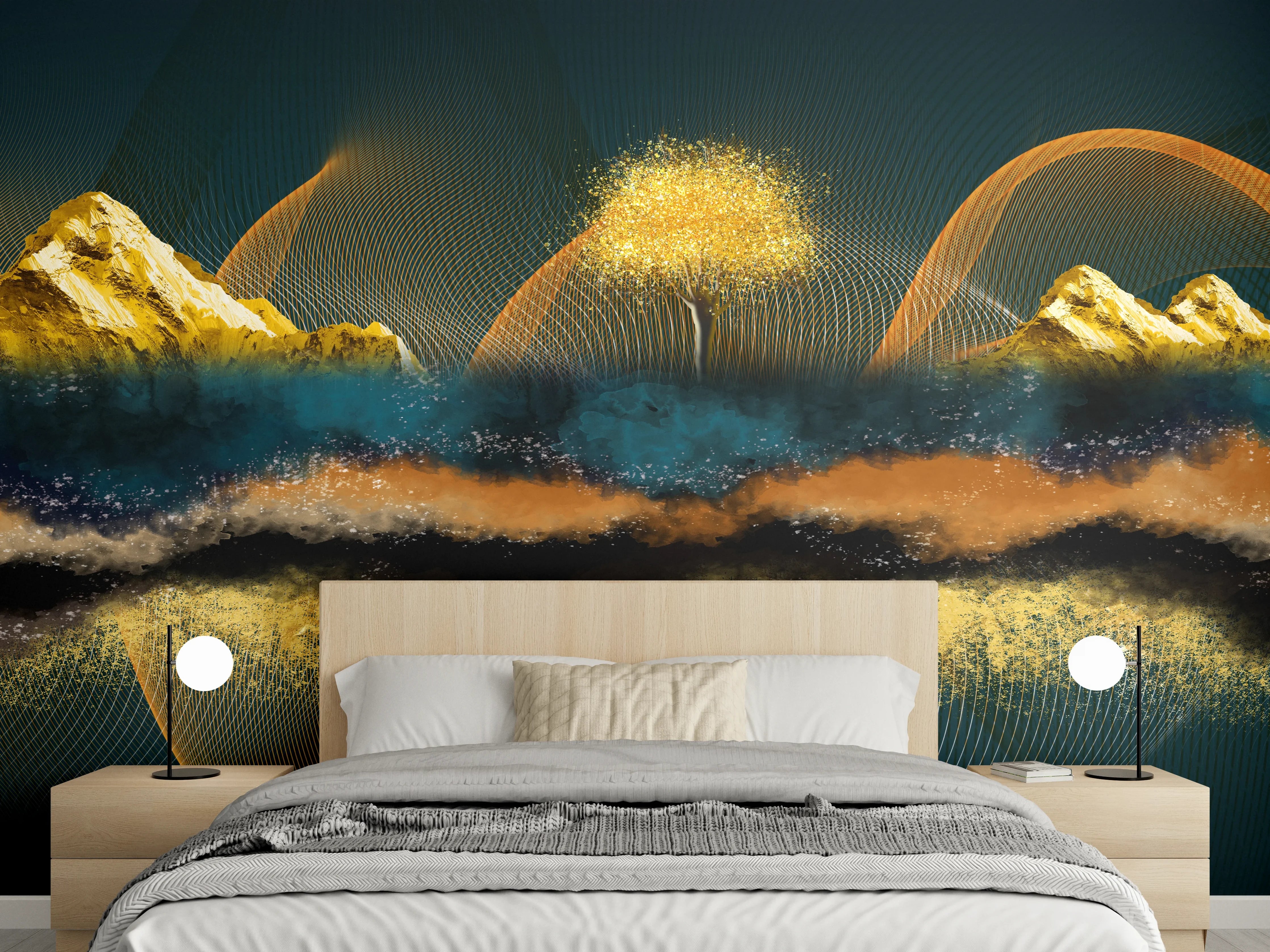 Wandverkleidung Schlafzimmer - Abstrakte goldene Landschaft auf dunklem Grund