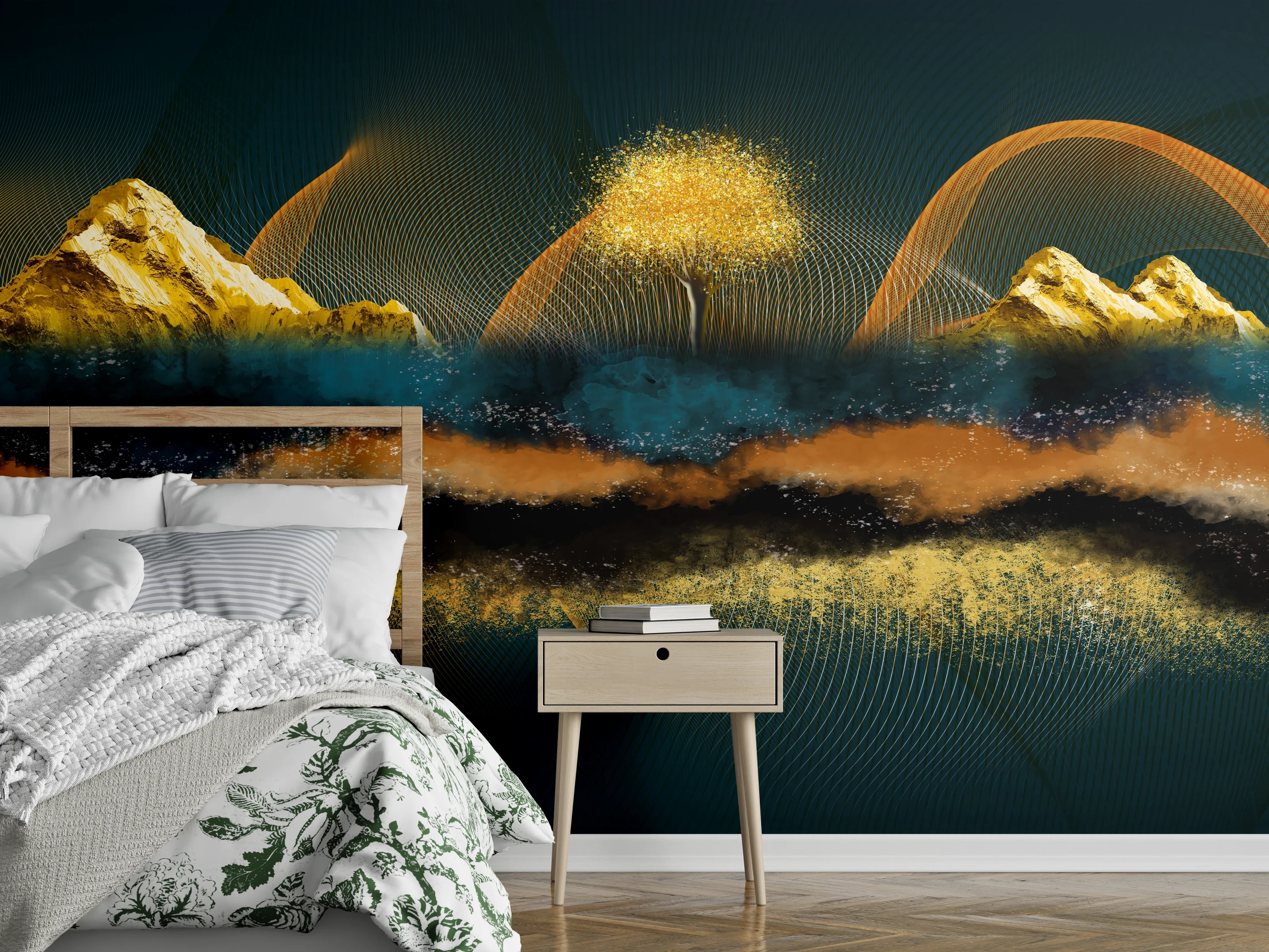 Wandverkleidung Schlafzimmer - Abstrakte goldene Landschaft auf dunklem Grund