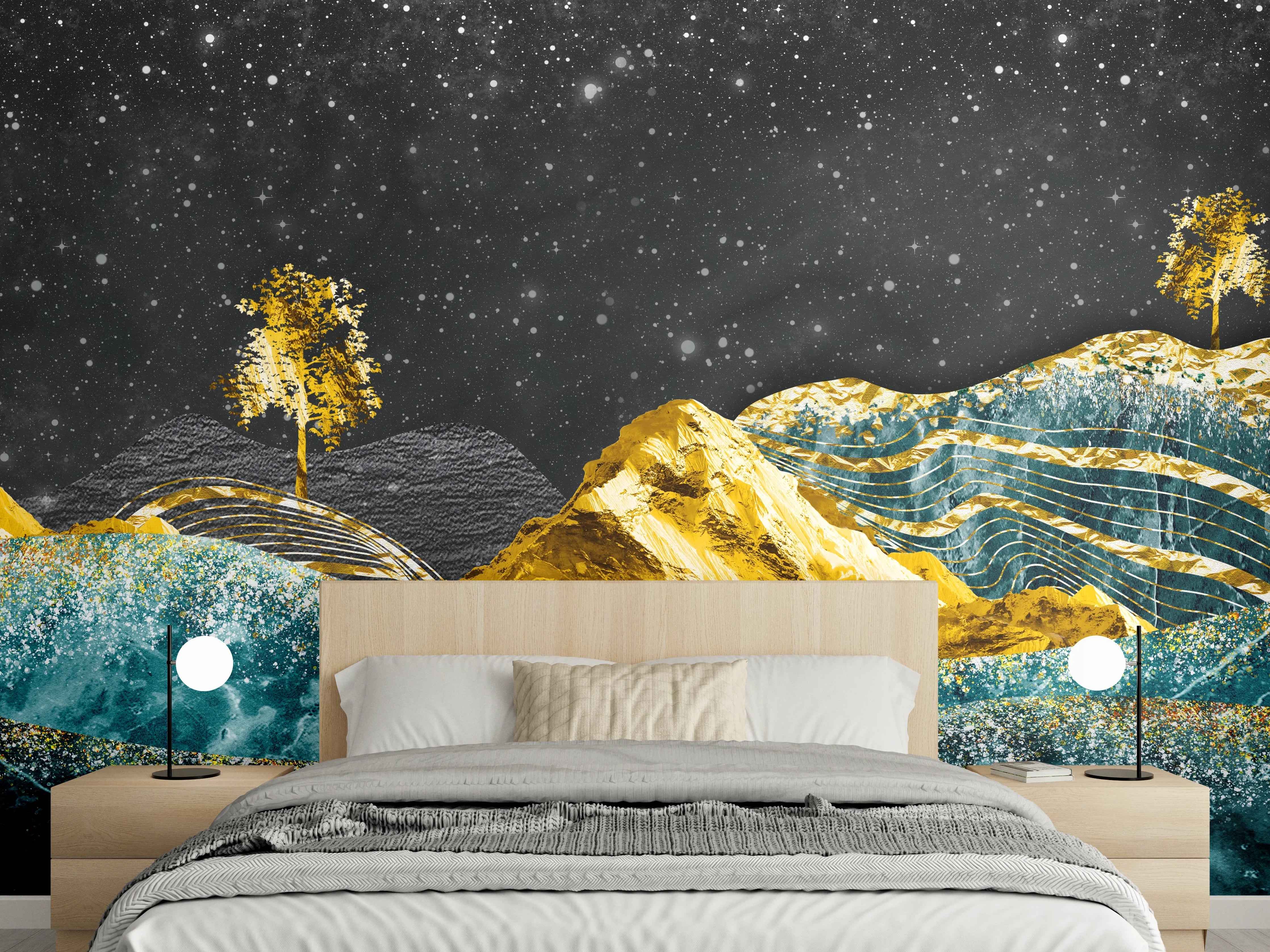Wandverkleidung Schlafzimmer - Abstrakte goldene Landschaft nachts