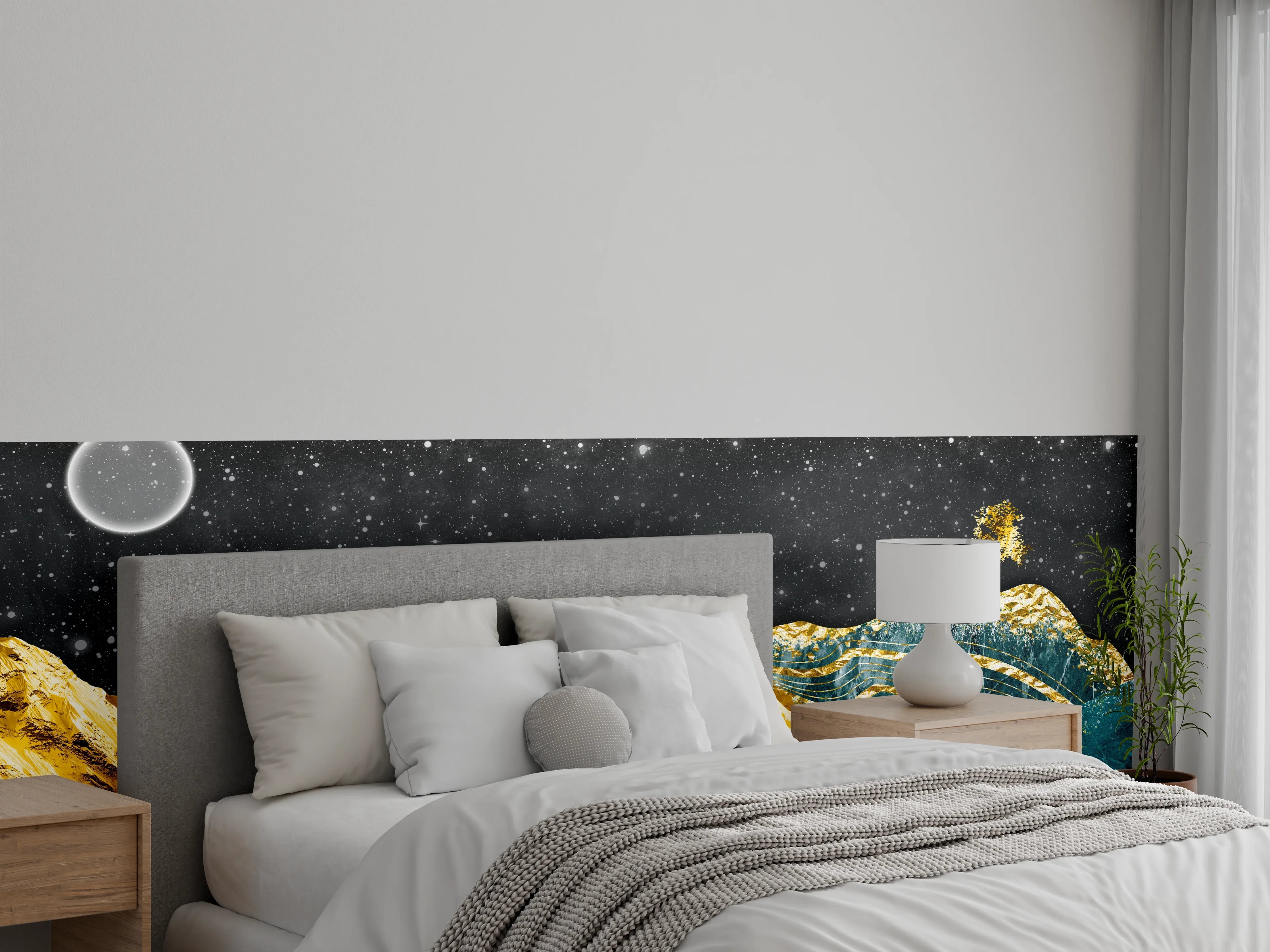 Wandverkleidung Schlafzimmer - Abstrakte goldene Landschaft nachts