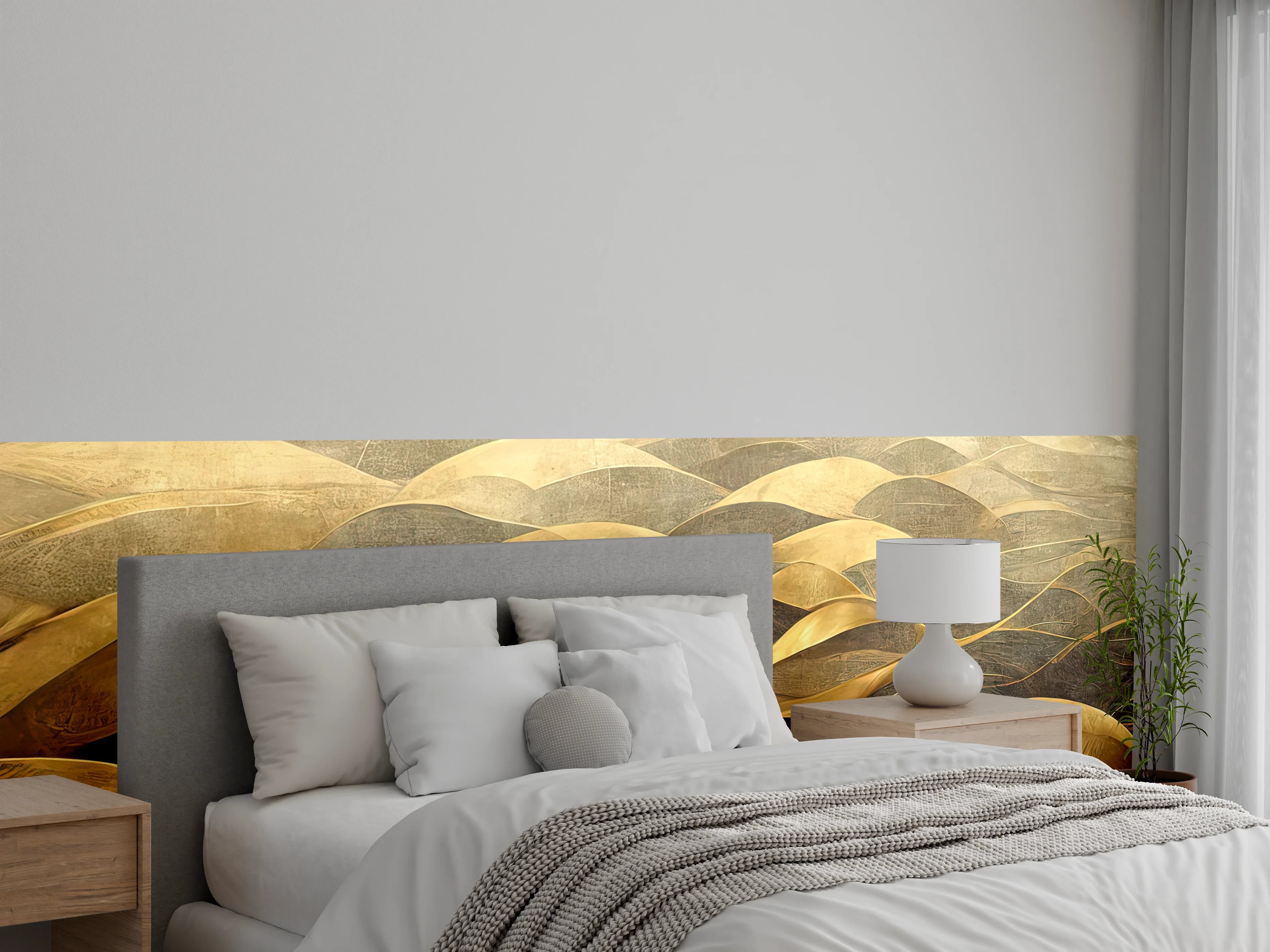 Wandverkleidung Schlafzimmer - Abstrakte goldene Wellen – Elegante Wandkunst