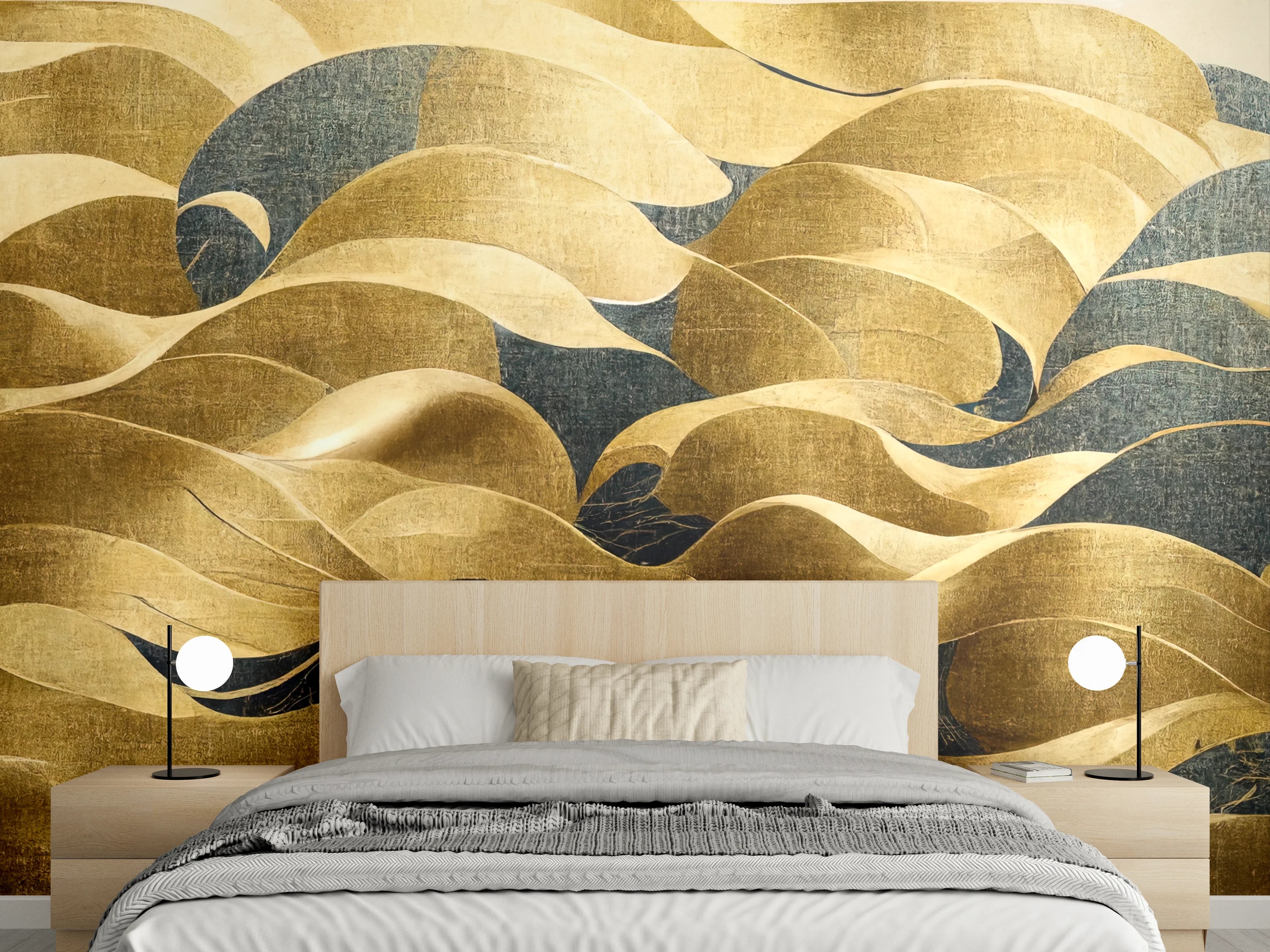 Wandverkleidung Schlafzimmer - Abstrakte goldene Wellenmodern Kunst