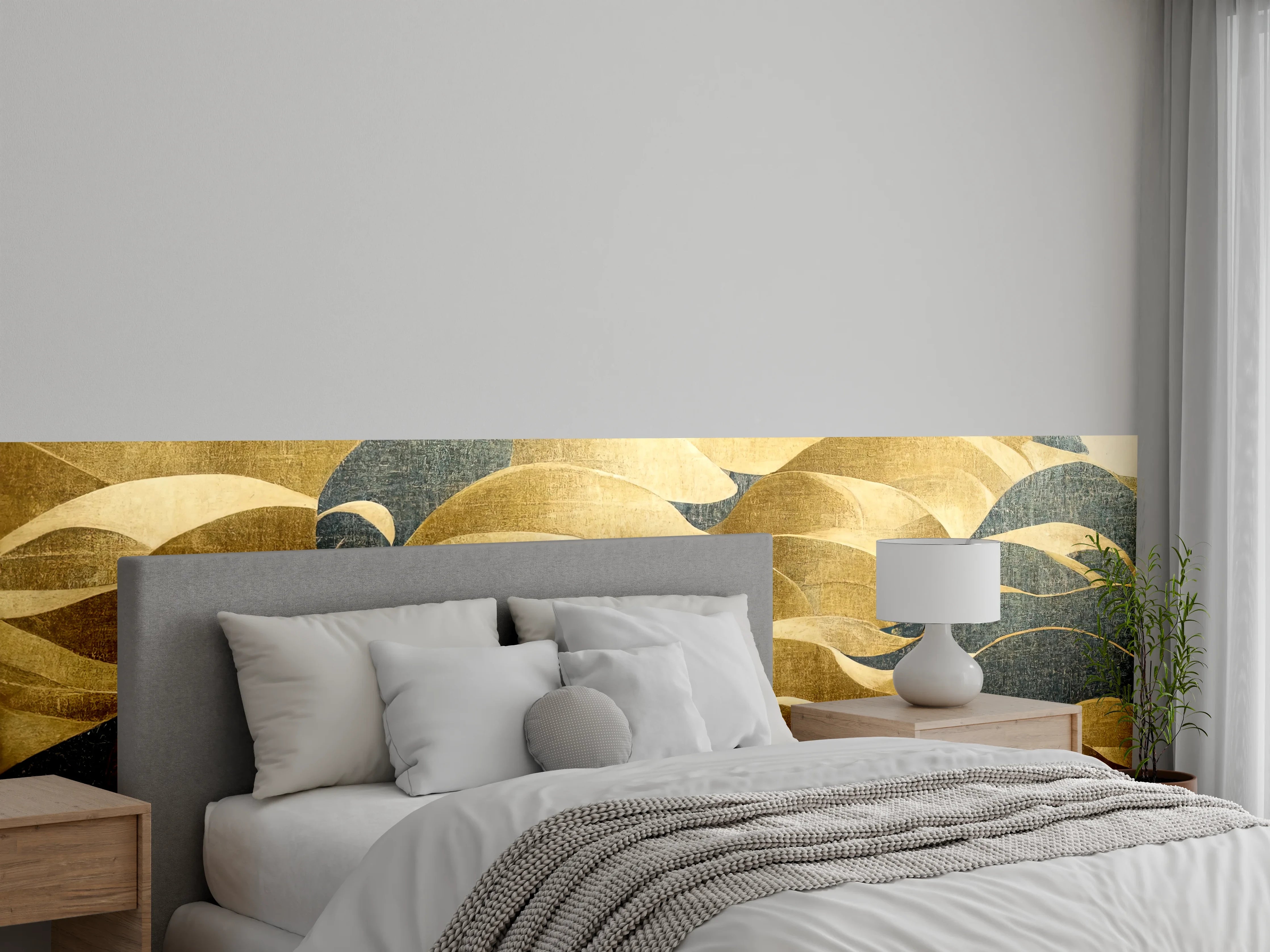 Wandverkleidung Schlafzimmer - Abstrakte goldene Wellenmodern Kunst